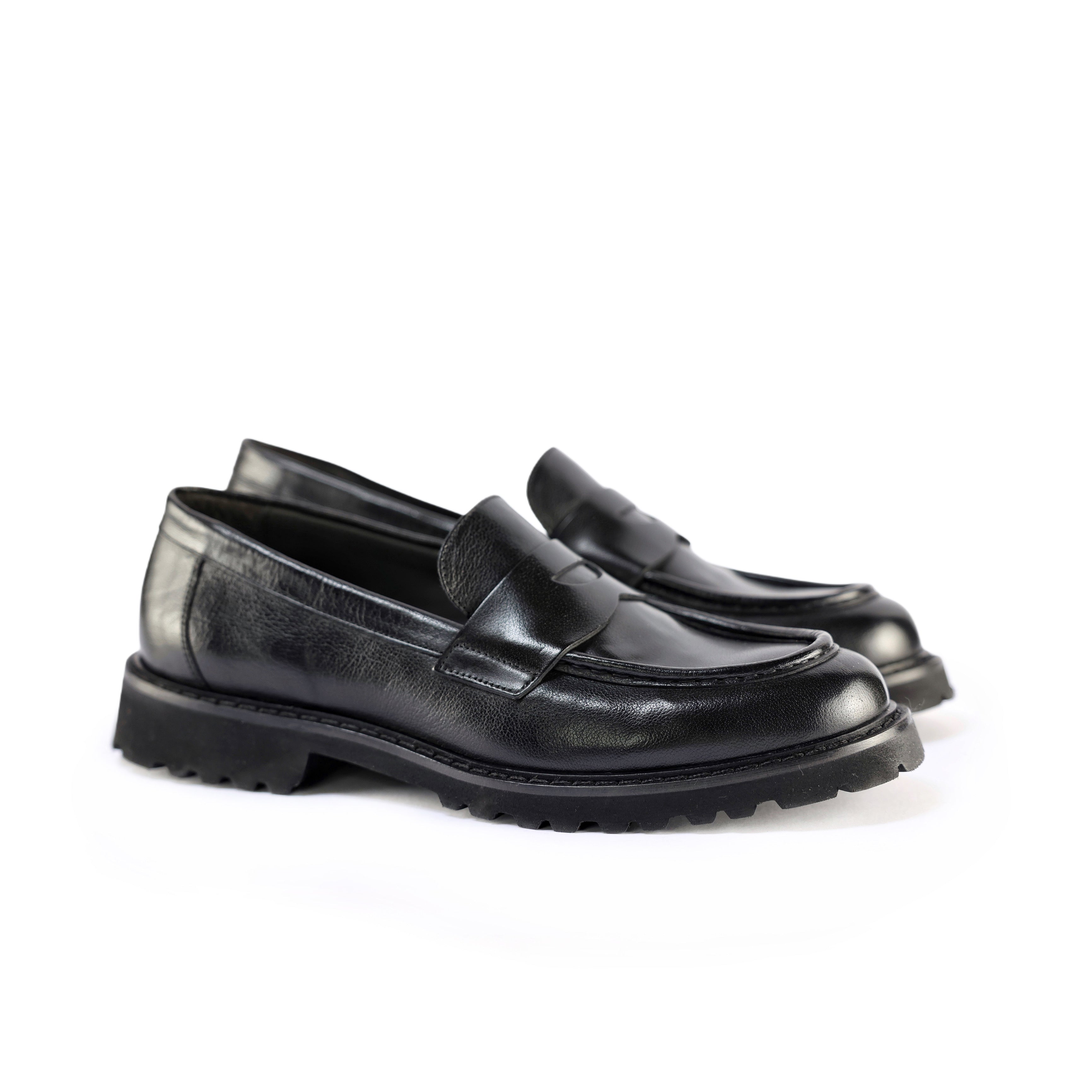 Polished Penny Strap Loafers with Lugged Rubber Sole