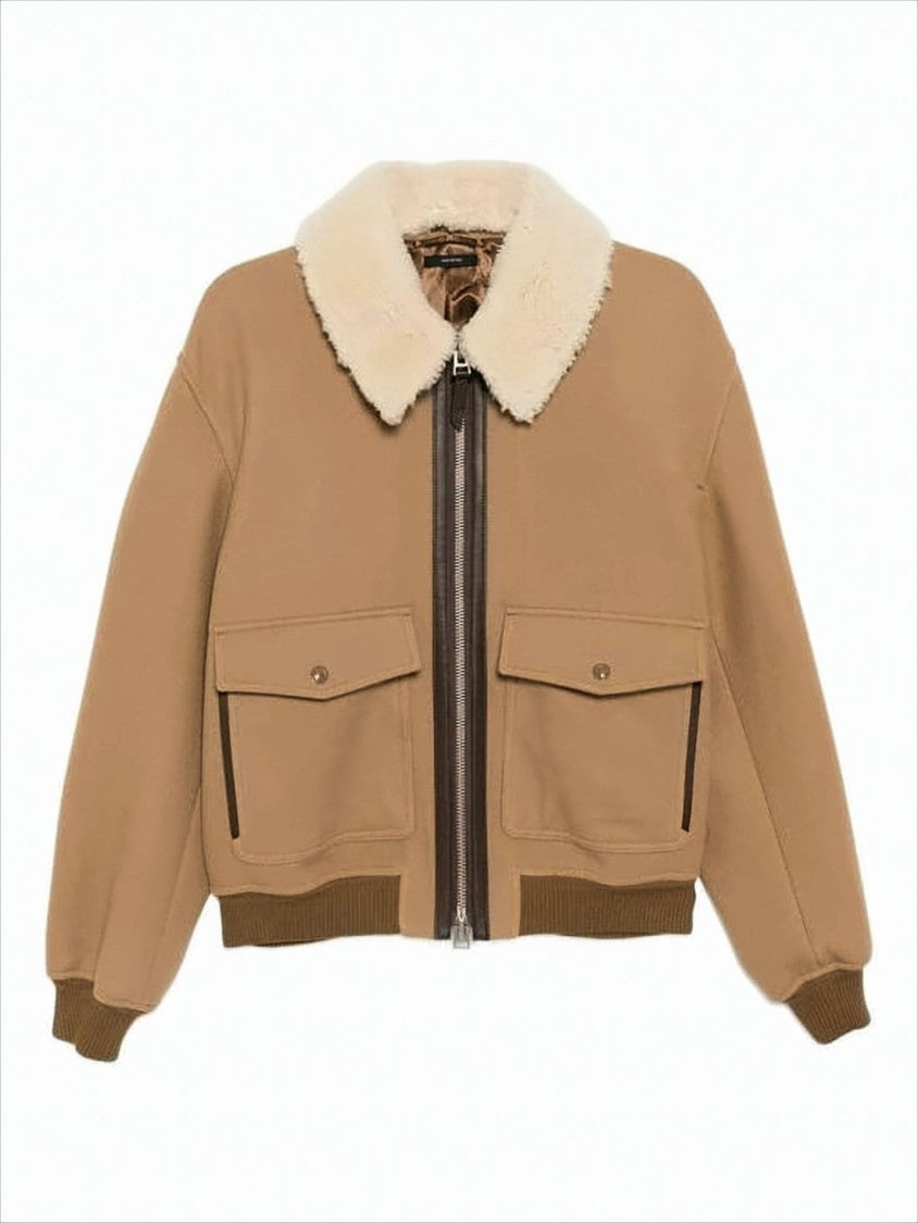 Cropped Wool Jacket with Plush Shearling Collar