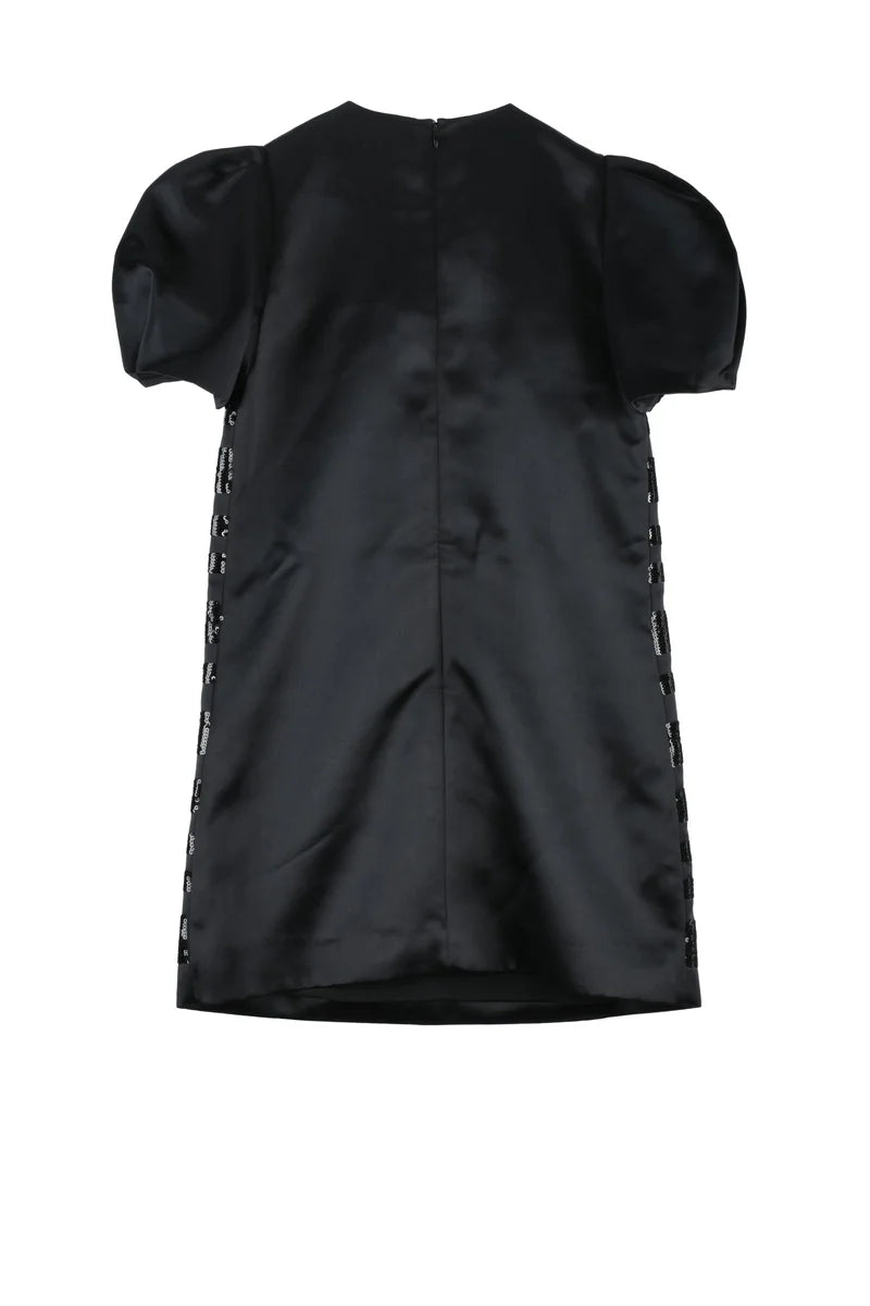 Satin Sheath Dress Balloon Sleeves - Black