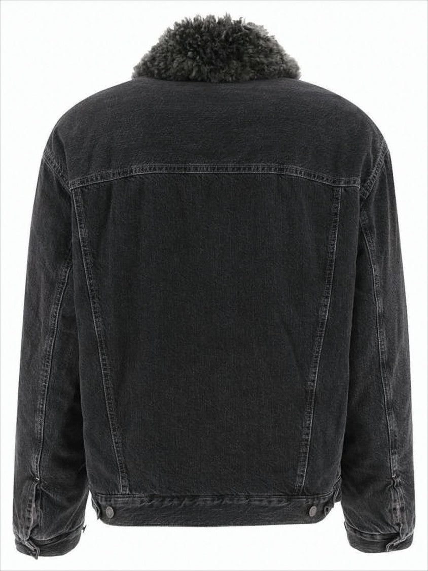 Washed Black Denim Jacket With Plush Collar And Tailored Fit