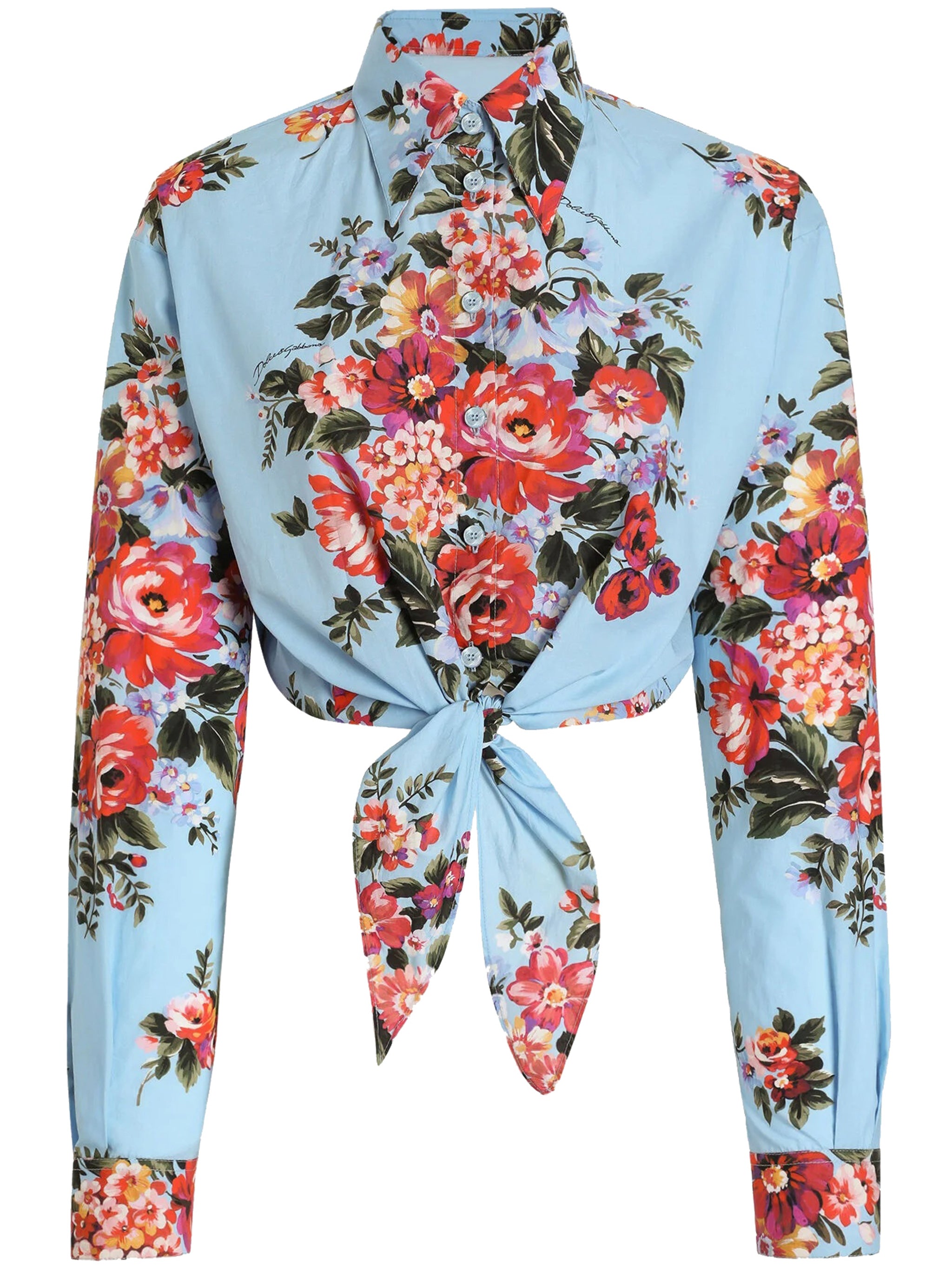 Cropped Light Blue Floral Cotton Shirt