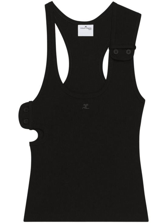 Black Ribbed Tank Top with Buttoned Straps
