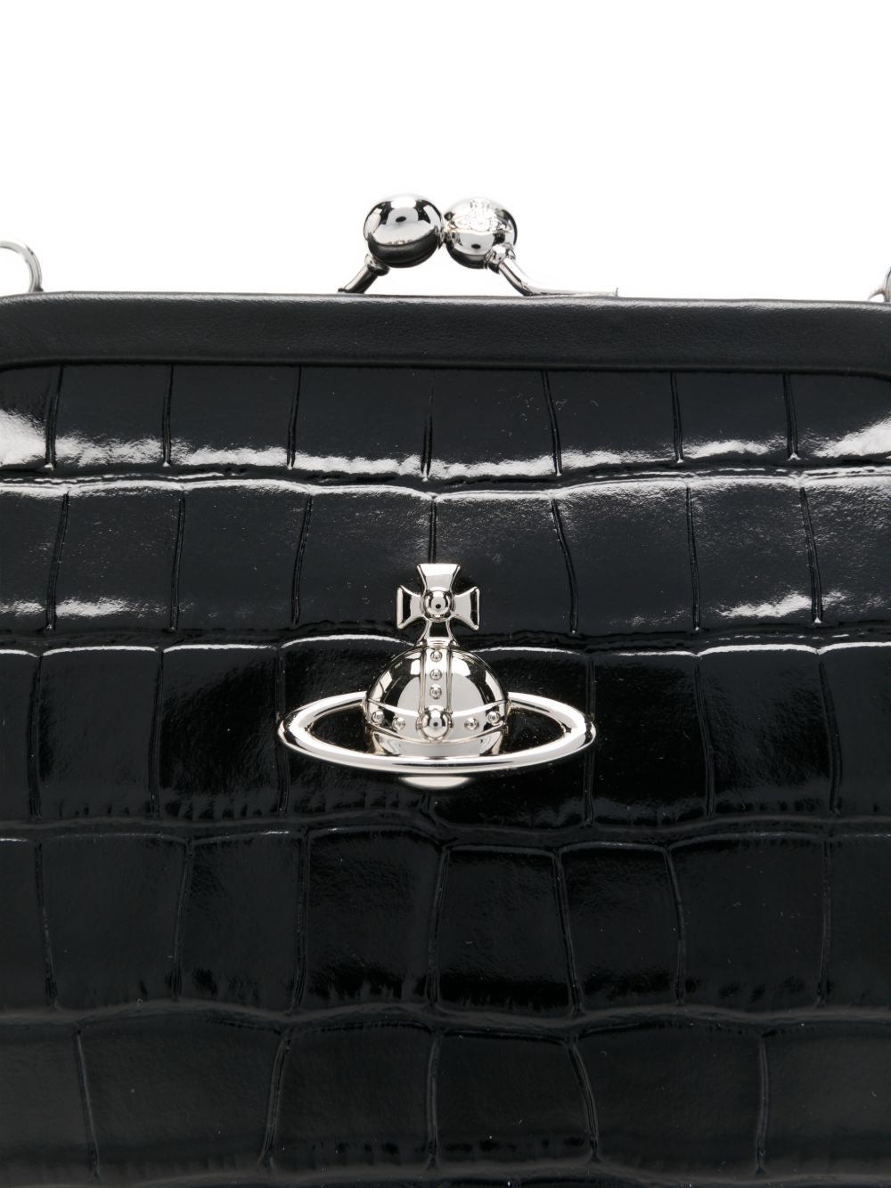Trapezoidal Black Crocodile-Embossed Handbag With Silver Emblem