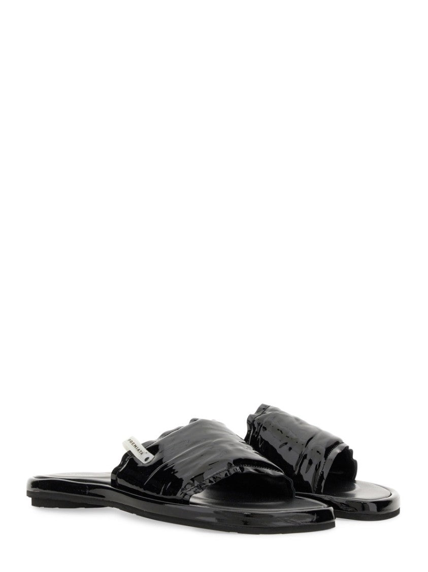Black Lamb Leather Slide Sandal With Glossy Finish