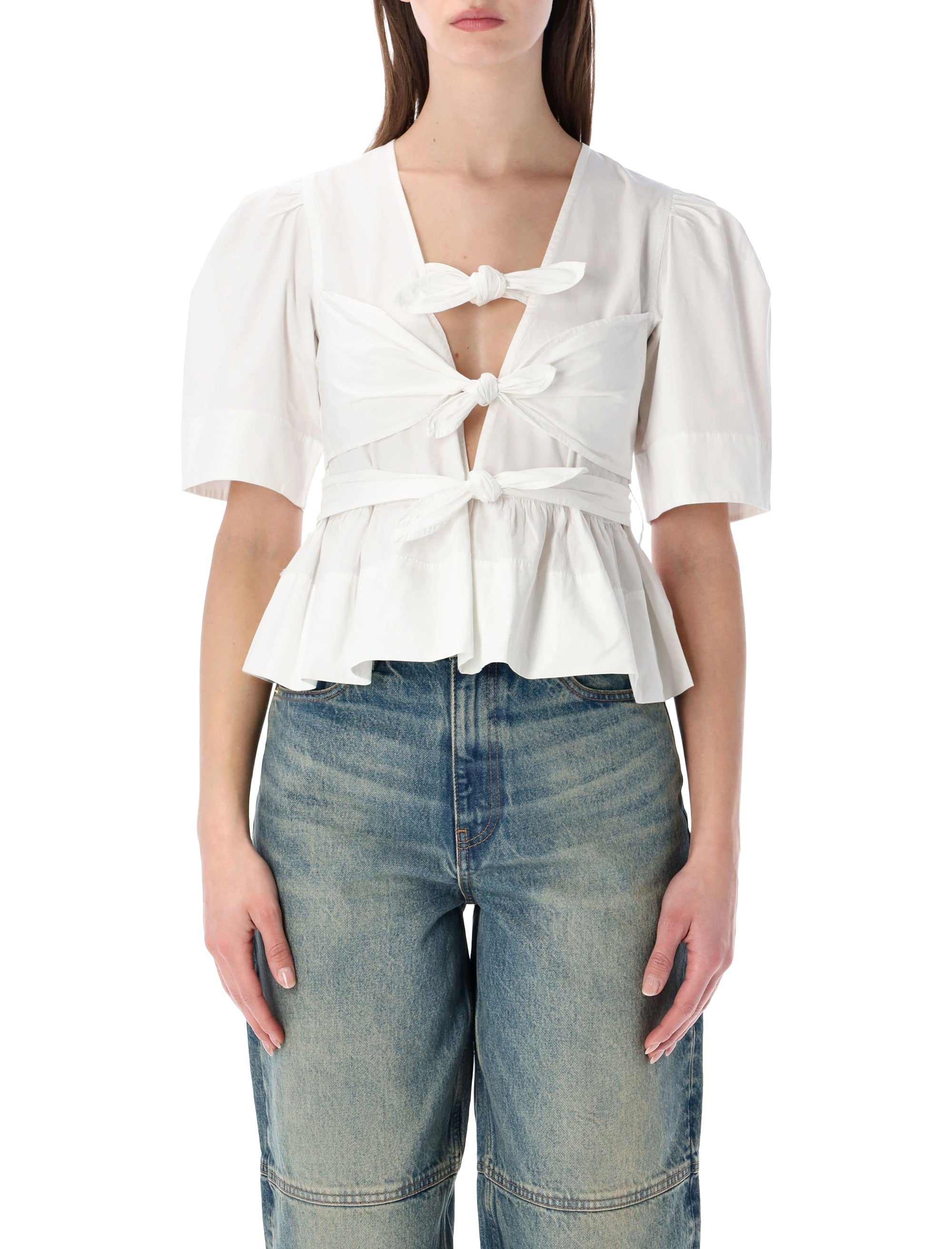 Washed Cotton Tie-Front Blouse