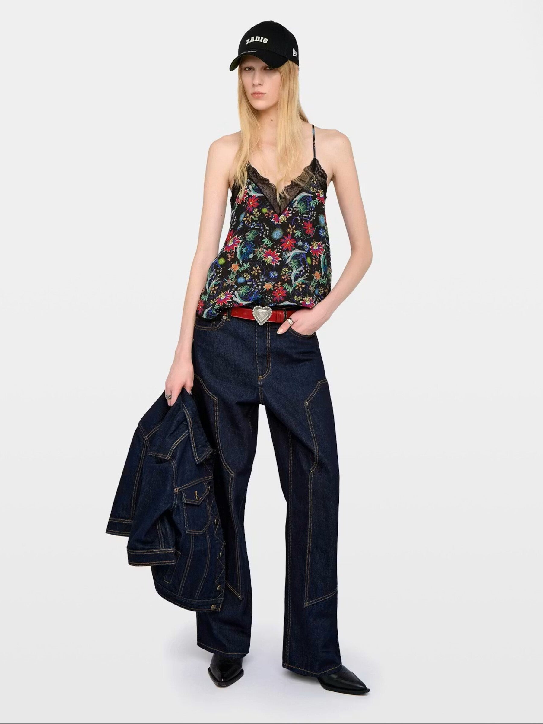 Sleeveless Top with Lace-Trimmed V-Neckline and Floral Print