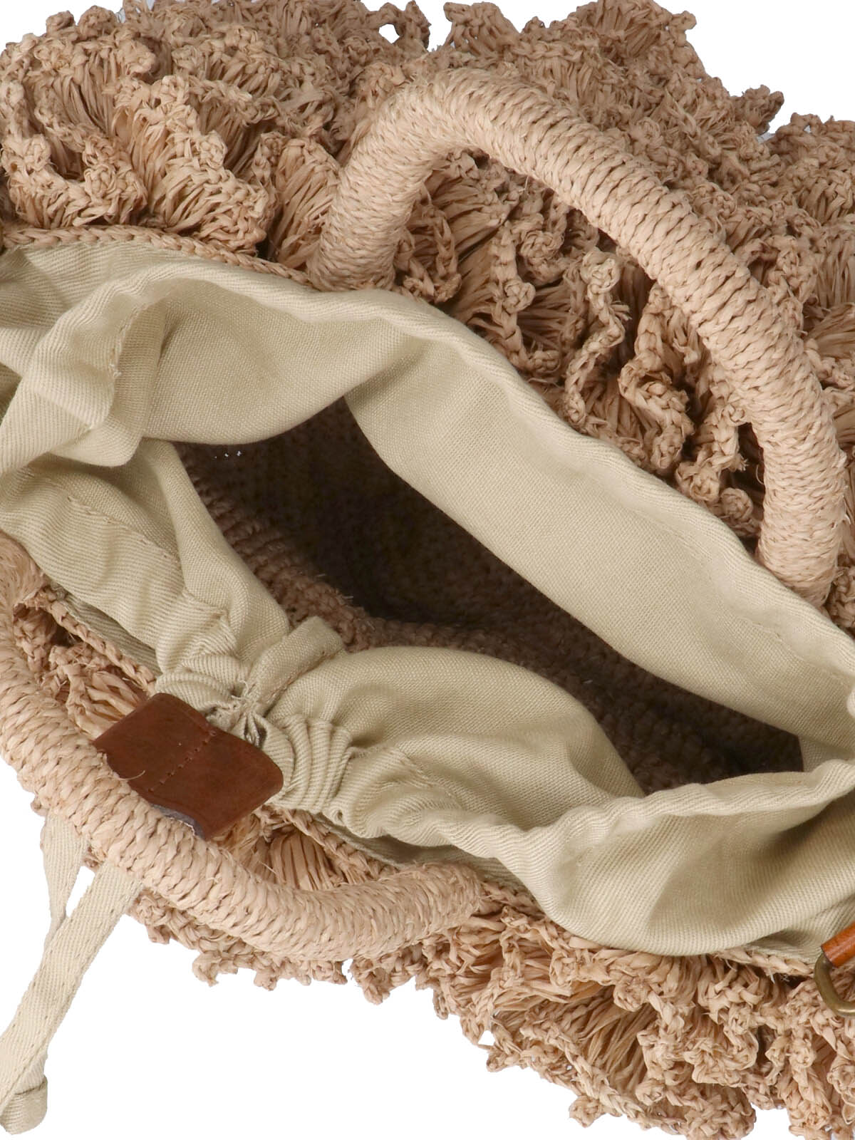Ruffled Beige Handbag With Textured Design And Drawstring Closure