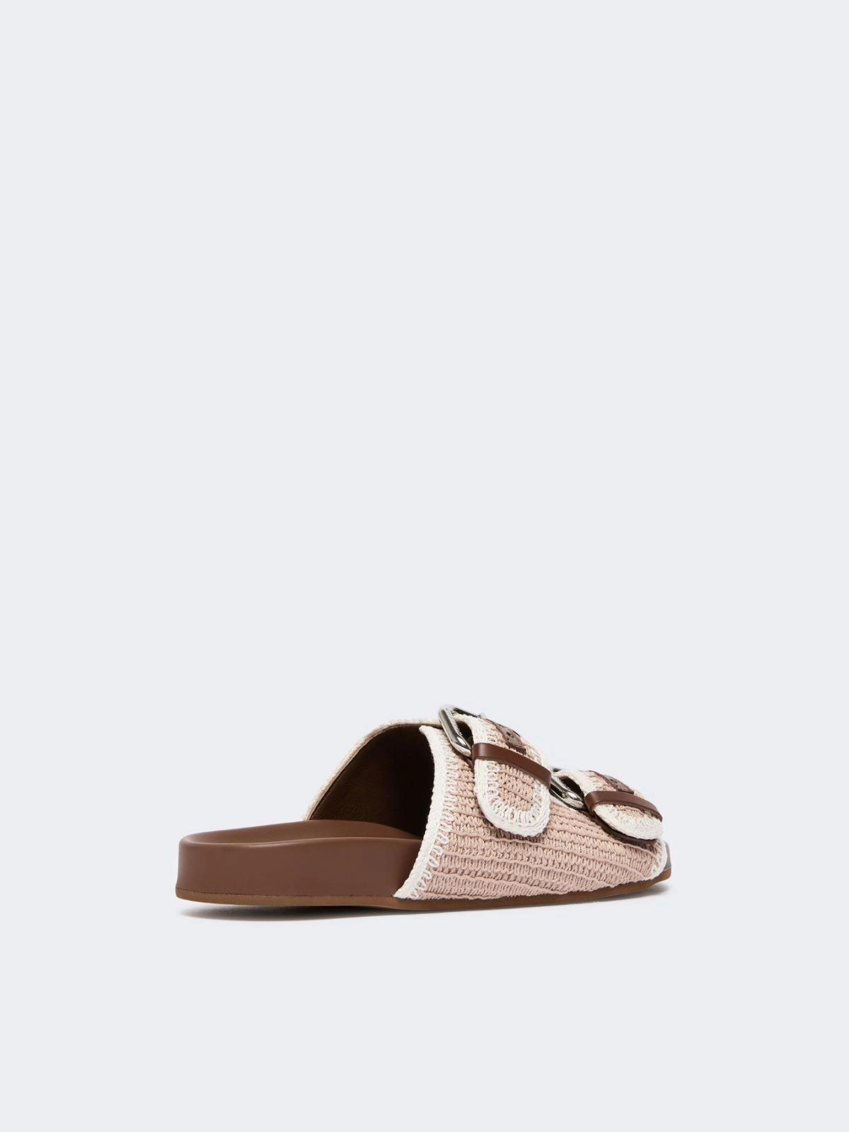 Beige Woven Slide Sandals with Silver Buckle Accents