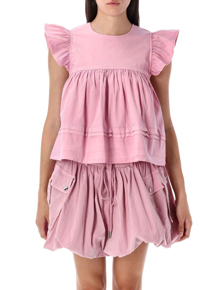 Washed Cotton Top With Frill Sleeves