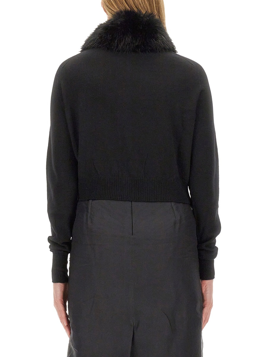 Cropped Black Cardigan With Plush Fur Collar