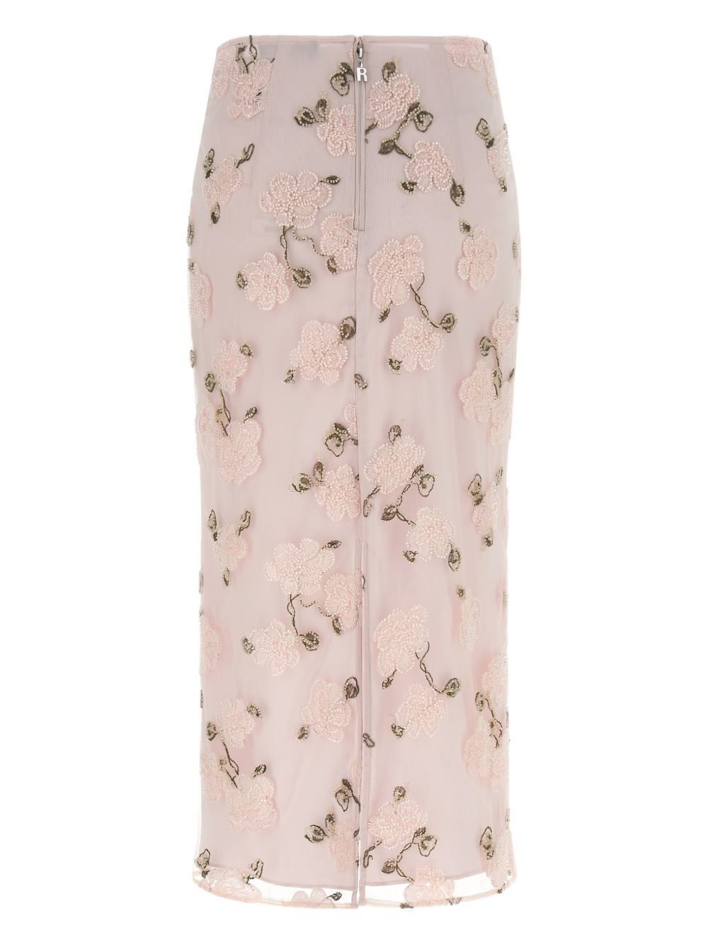 Floral-Embroidered Midi Skirt with Sheer Finish