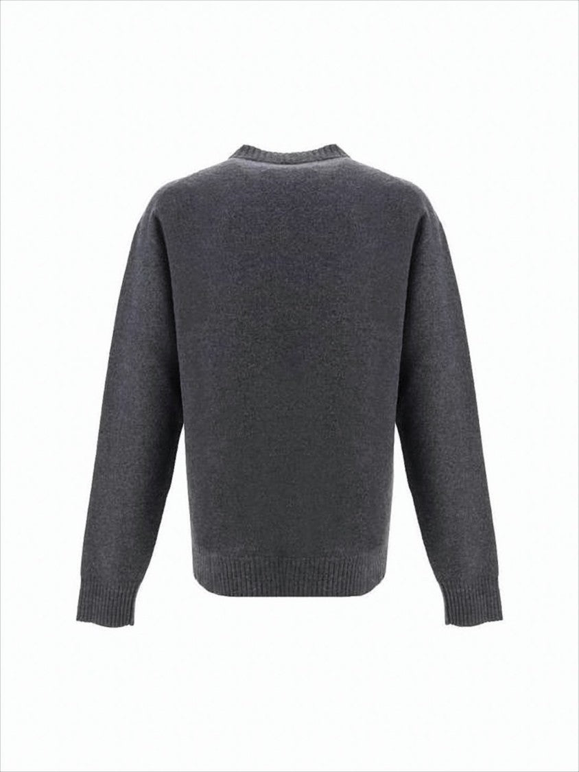 Classic Grey Wool Sweater with Crew Neckline and Ribbed Details