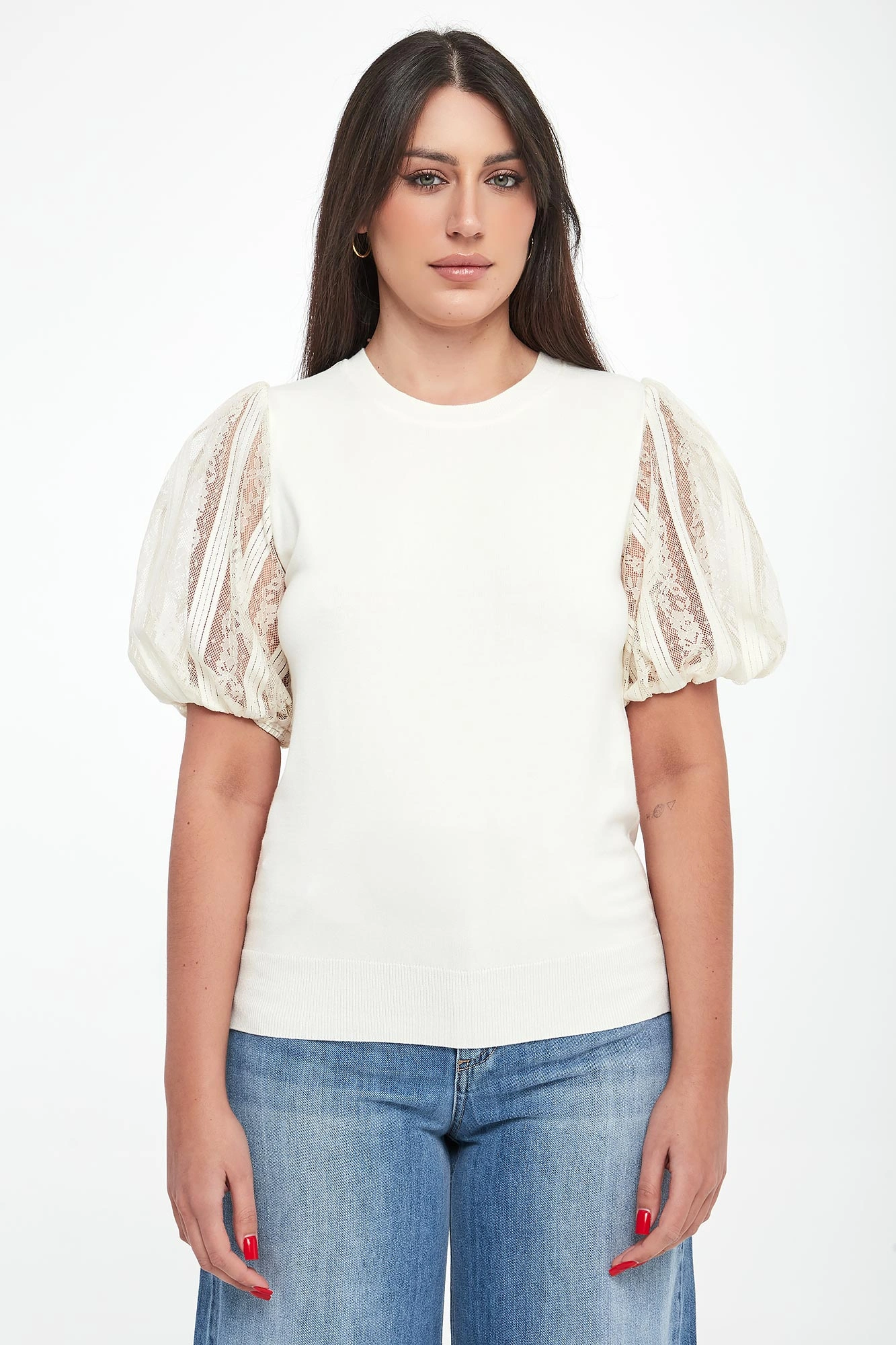 White Puff Sleeve Lace Detail Top