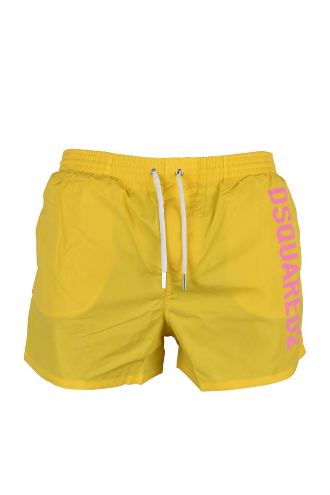Yellow Swim Shorts With Bold Pink Logo