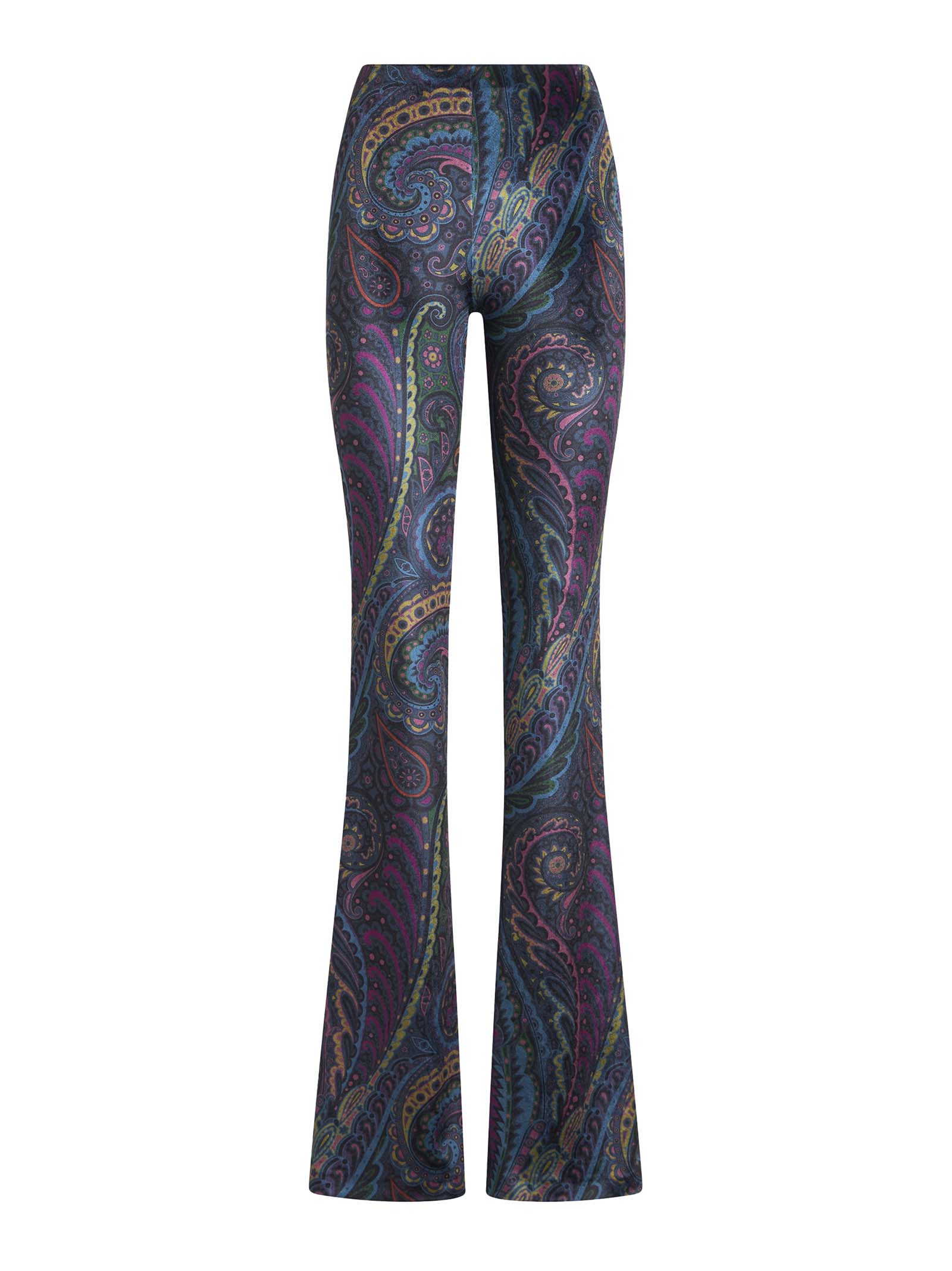 Multicolor Paisley Print Stretch Chenille Flared Trousers