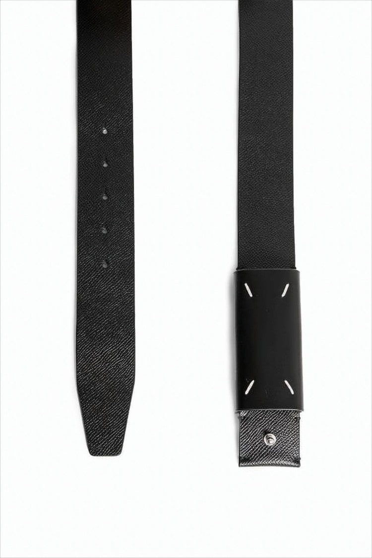 Rectangular Buckle Leather Belt With Textured Finish