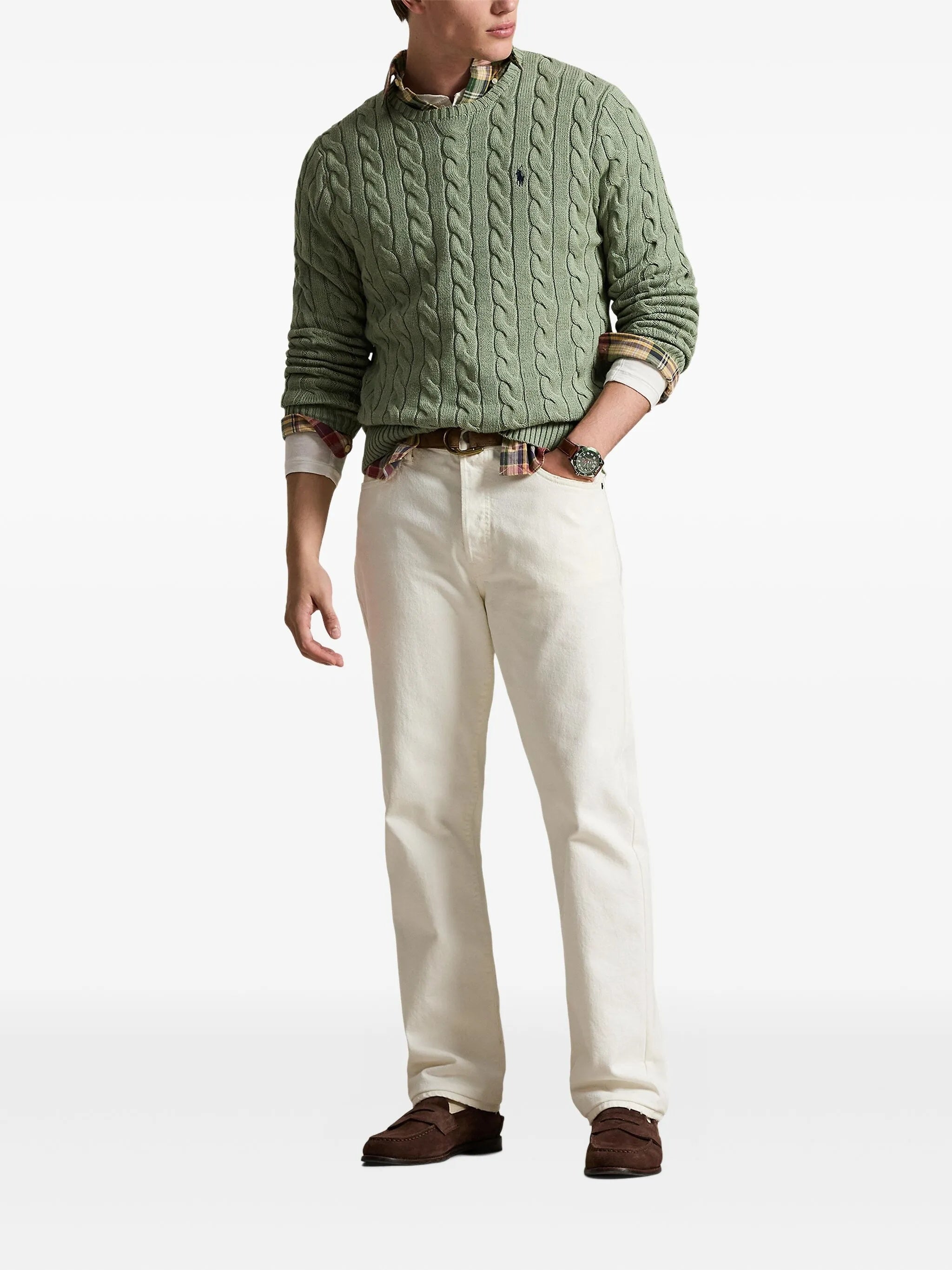 Green Pullover Cable Knit Cotton Sweater