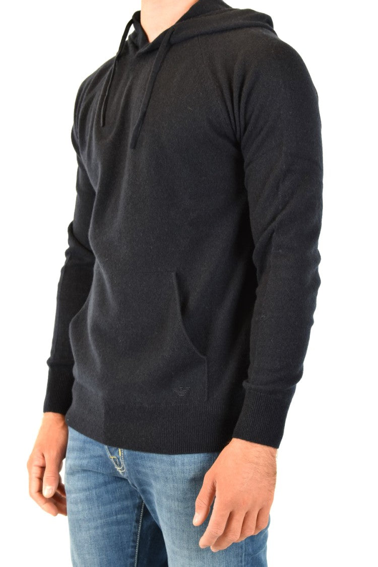 Hooded Black Knitwear With Drawstrings