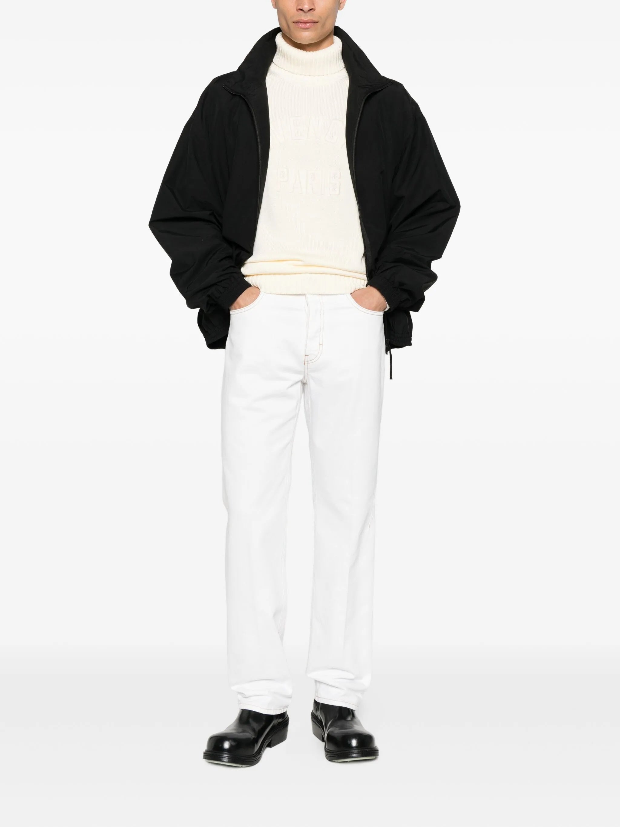 Off-White Ribbed Knit Embossed Turtleneck Sweater