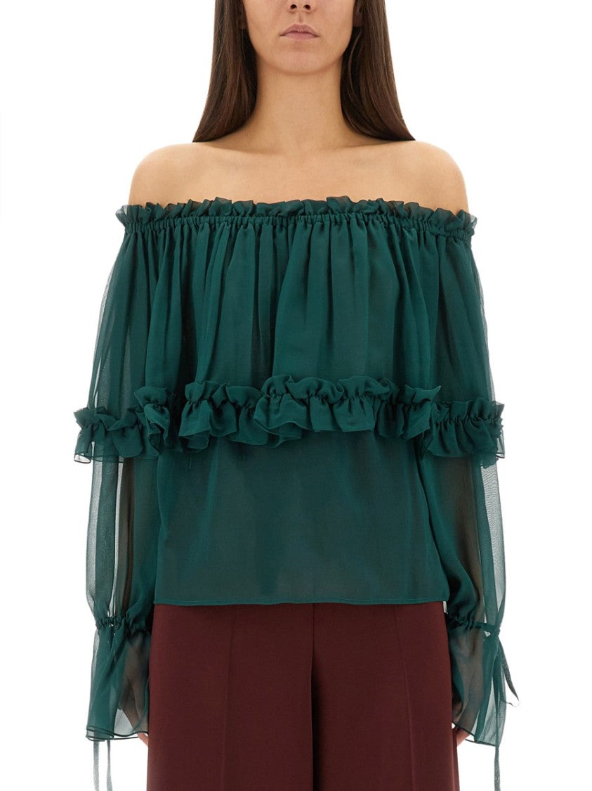 Sheer Ruffled Off-Shoulder Blouse In Silk