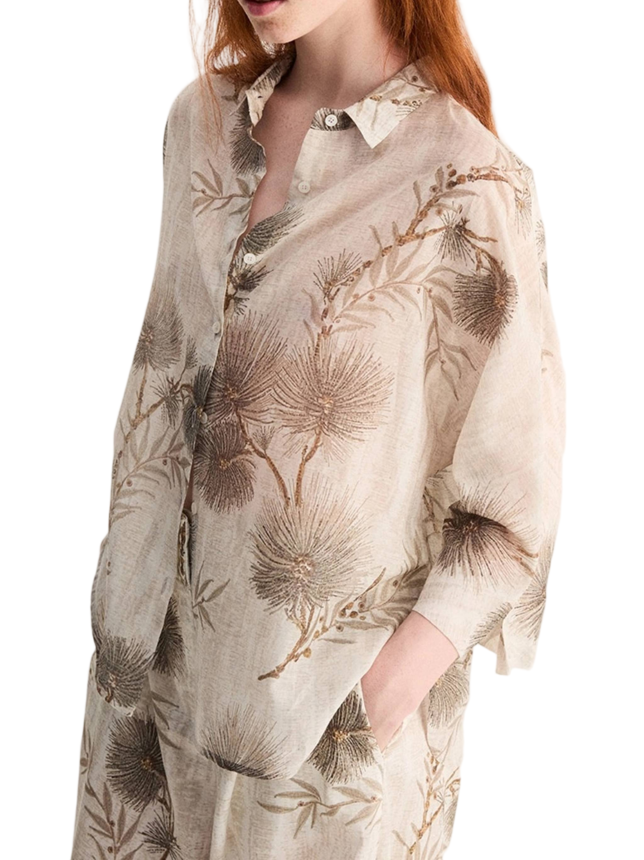 Botanical Print Loose-Fitting Cotton Shirt