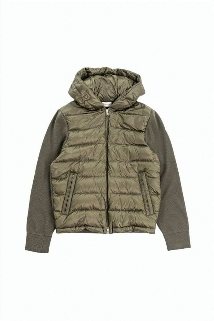 Quilted Padded Jacket with Knitted Sleeves and Hood