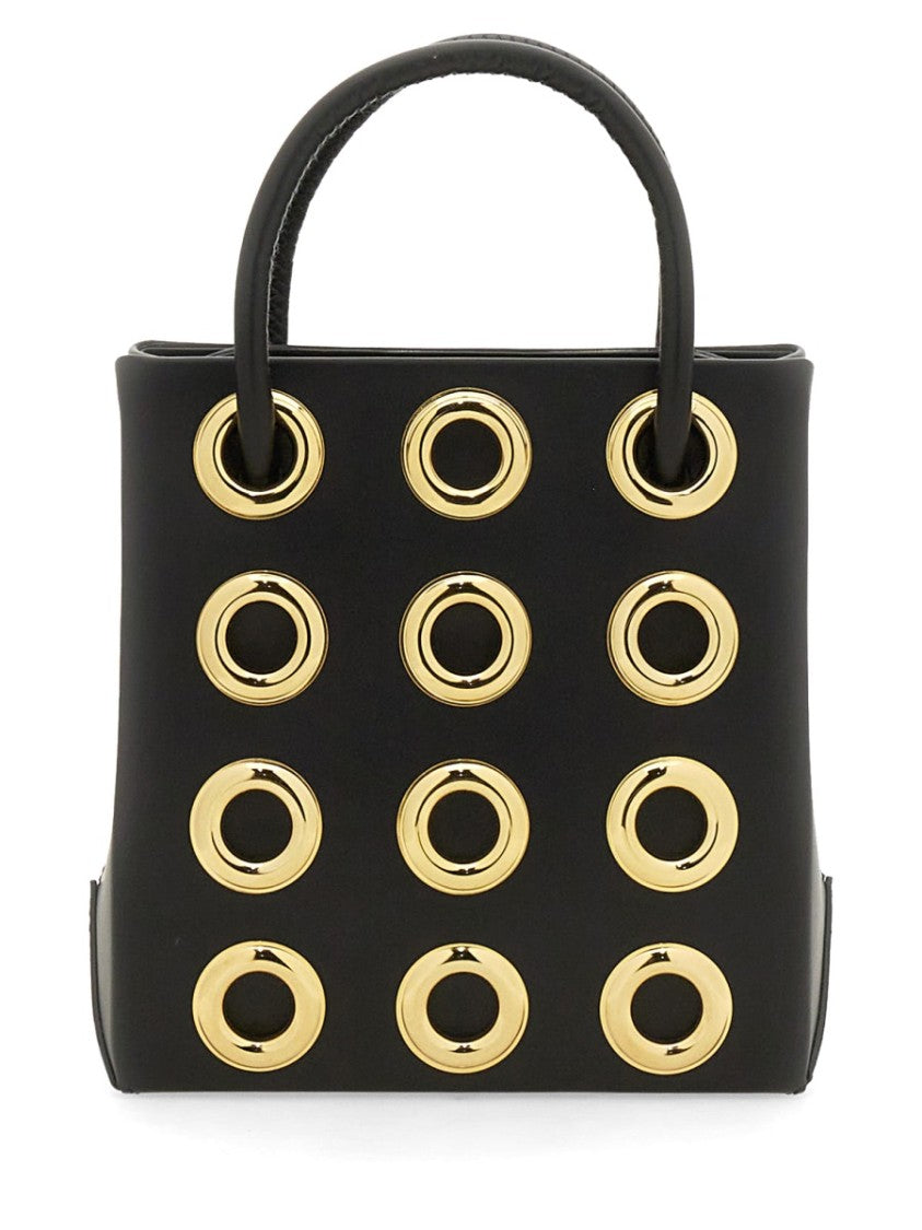 Structured Black Leather Bag With Gold Grommet Details