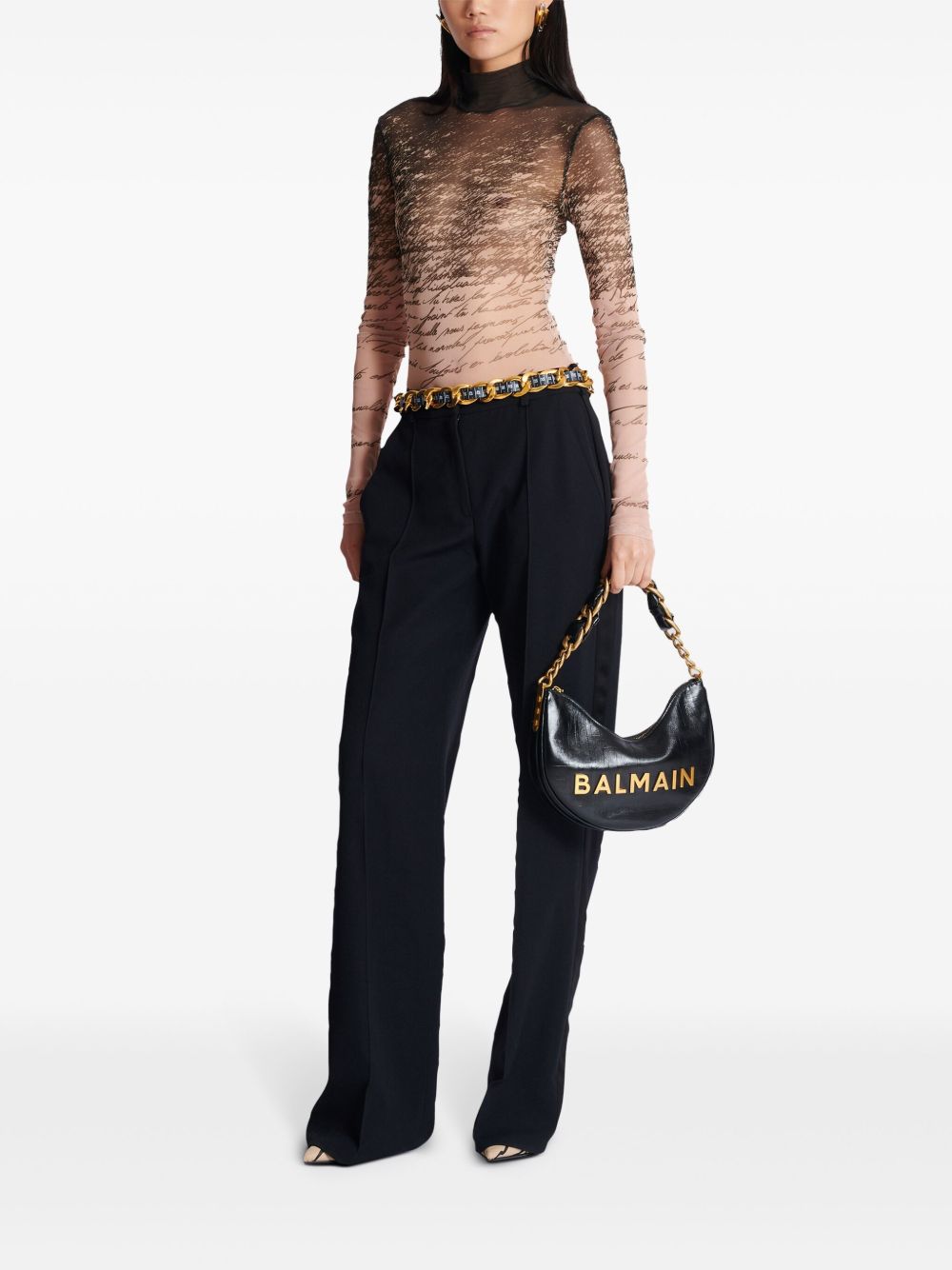 Crescent-Shaped Leather Bag with Gold-Tone Accents