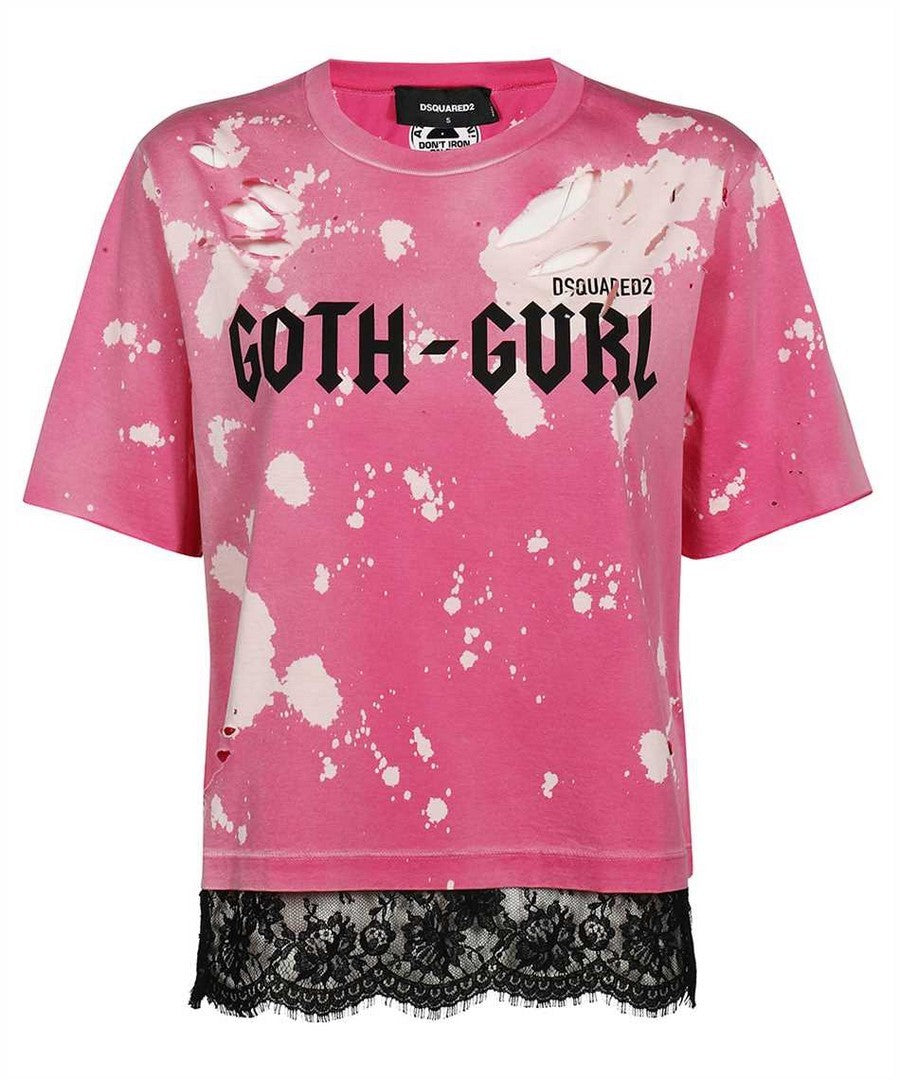 Fuchsia Worn Effect Logo Print T-Shirt With Laced Hem