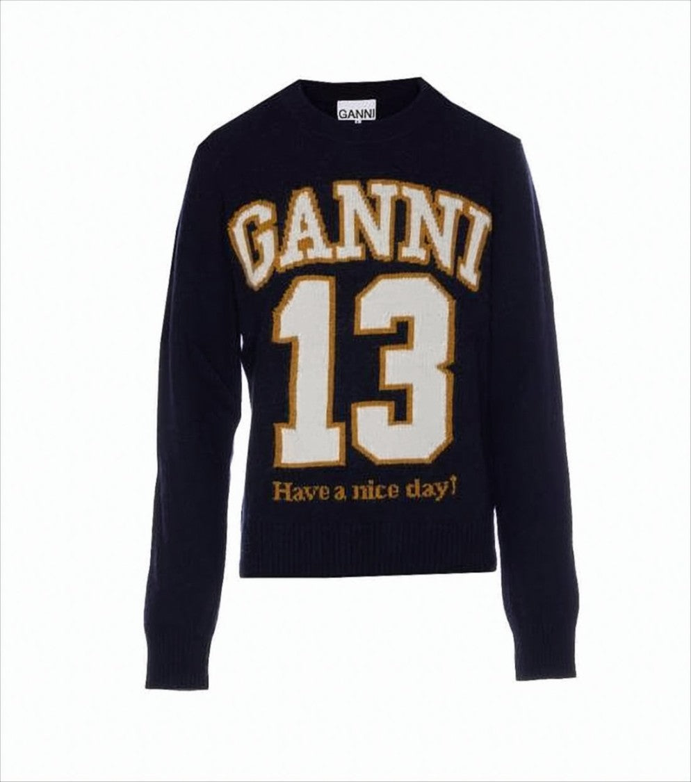 Varsity-Style Black Knit Sweater With Crew Neckline