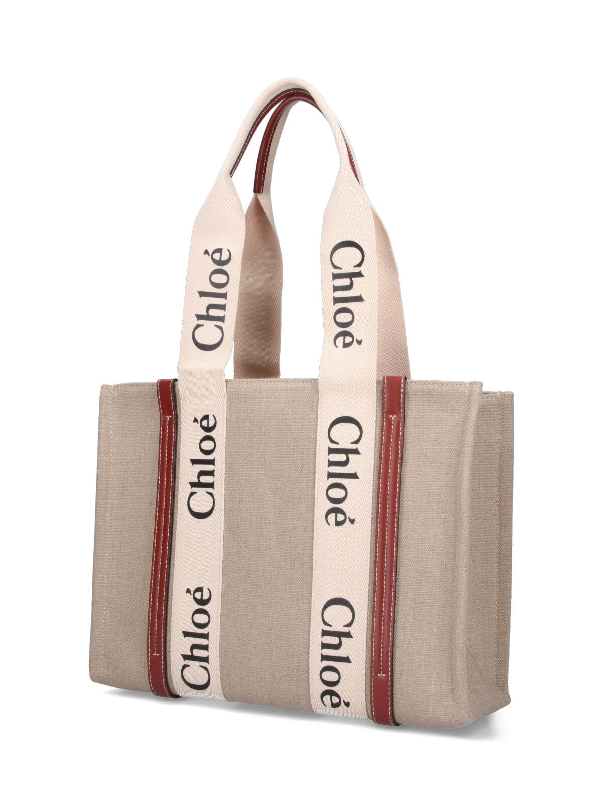 "Woody" Medium Tote Bag, In Beige Linen Canvas