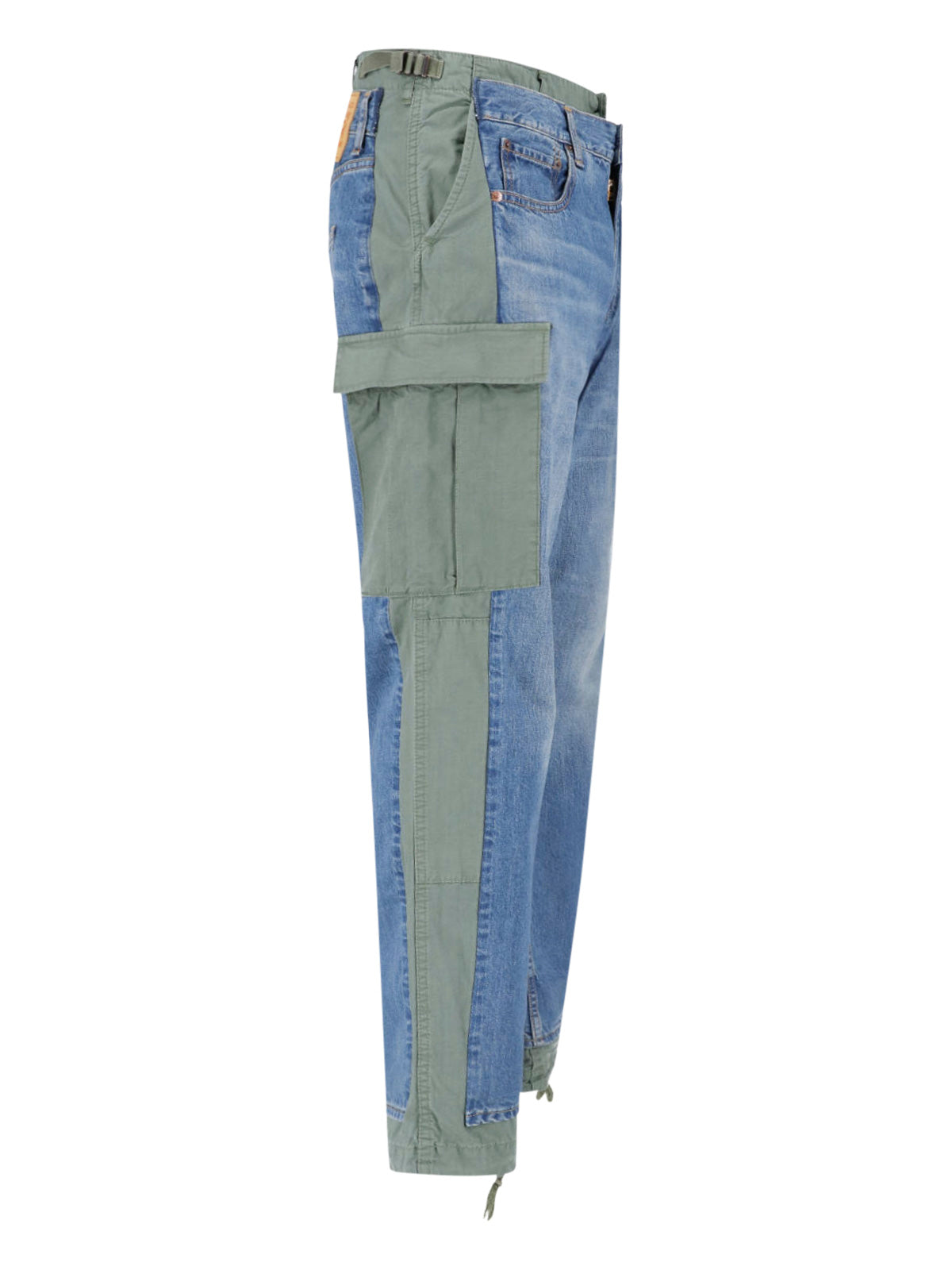 Blue Patchwork Cargo Drawstring Denim Jeans