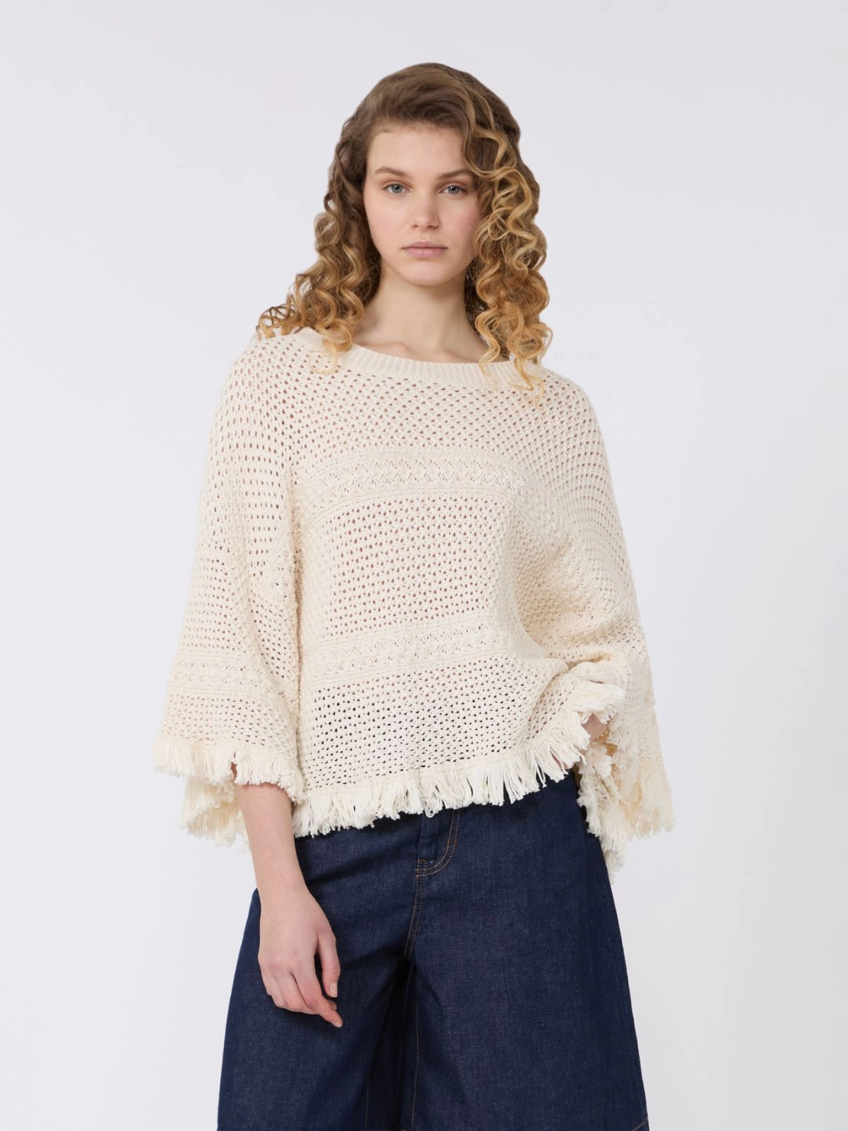 Textured Open-Knit Sweater with Fringe Detail