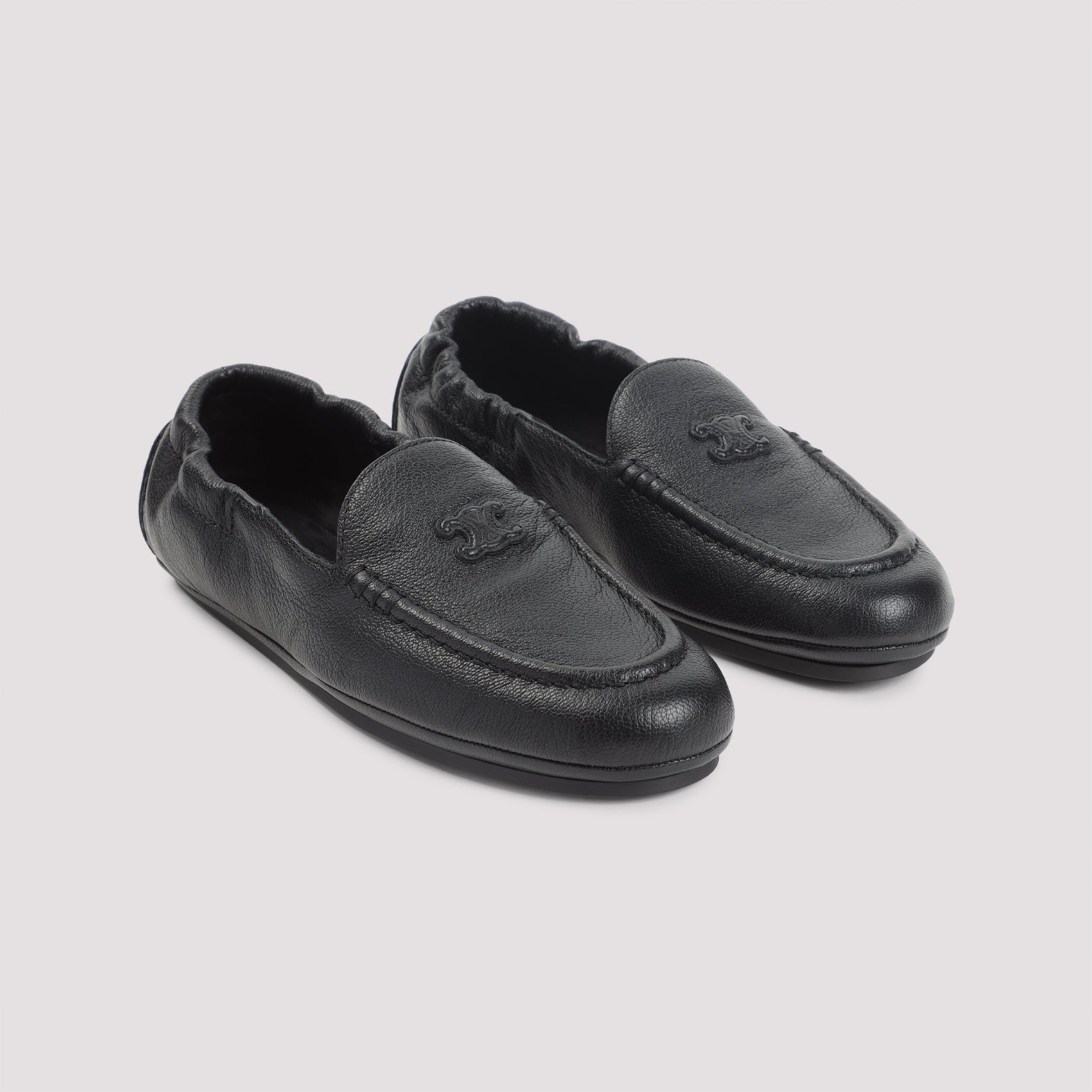 Textured Leather Black Loafers with Embossed Logo