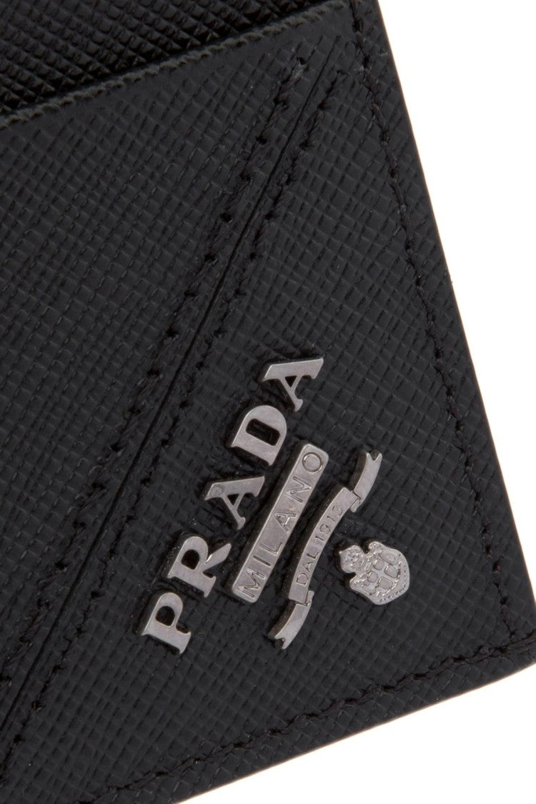 Textured Black Card Wallet with Metallic Logo Detail