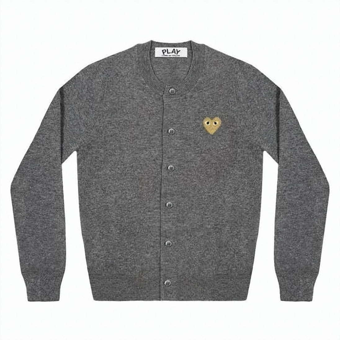 Button-Up Grey Wool Cardigan with Signature Heart Emblem