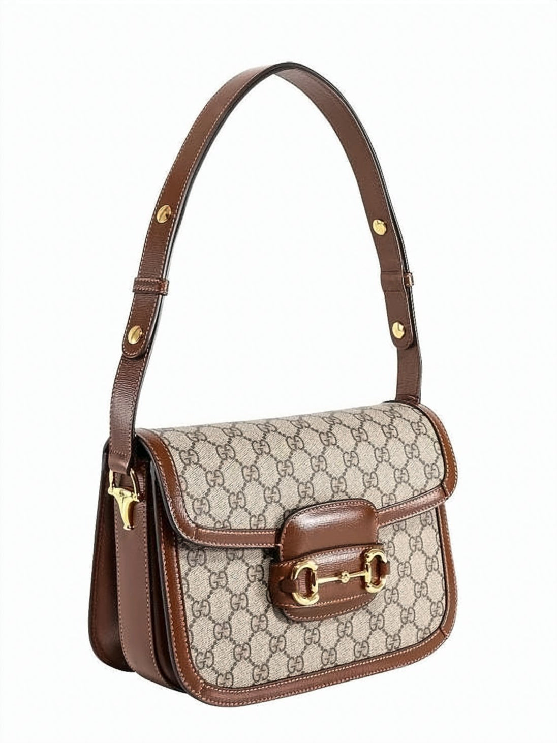 Structured Beige Canvas Horsebit Shoulder Bag with Leather Trimming