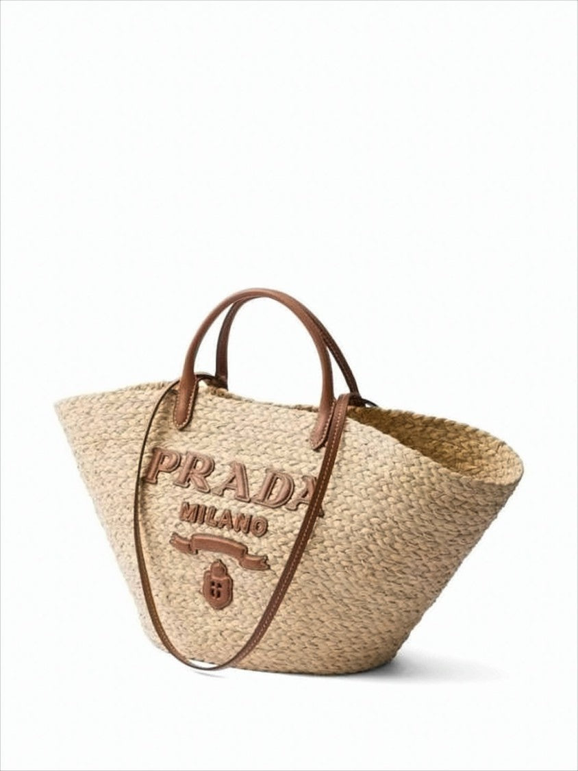 Trapezoidal Raffia Shoulder Bag With Embossed Logo Detail