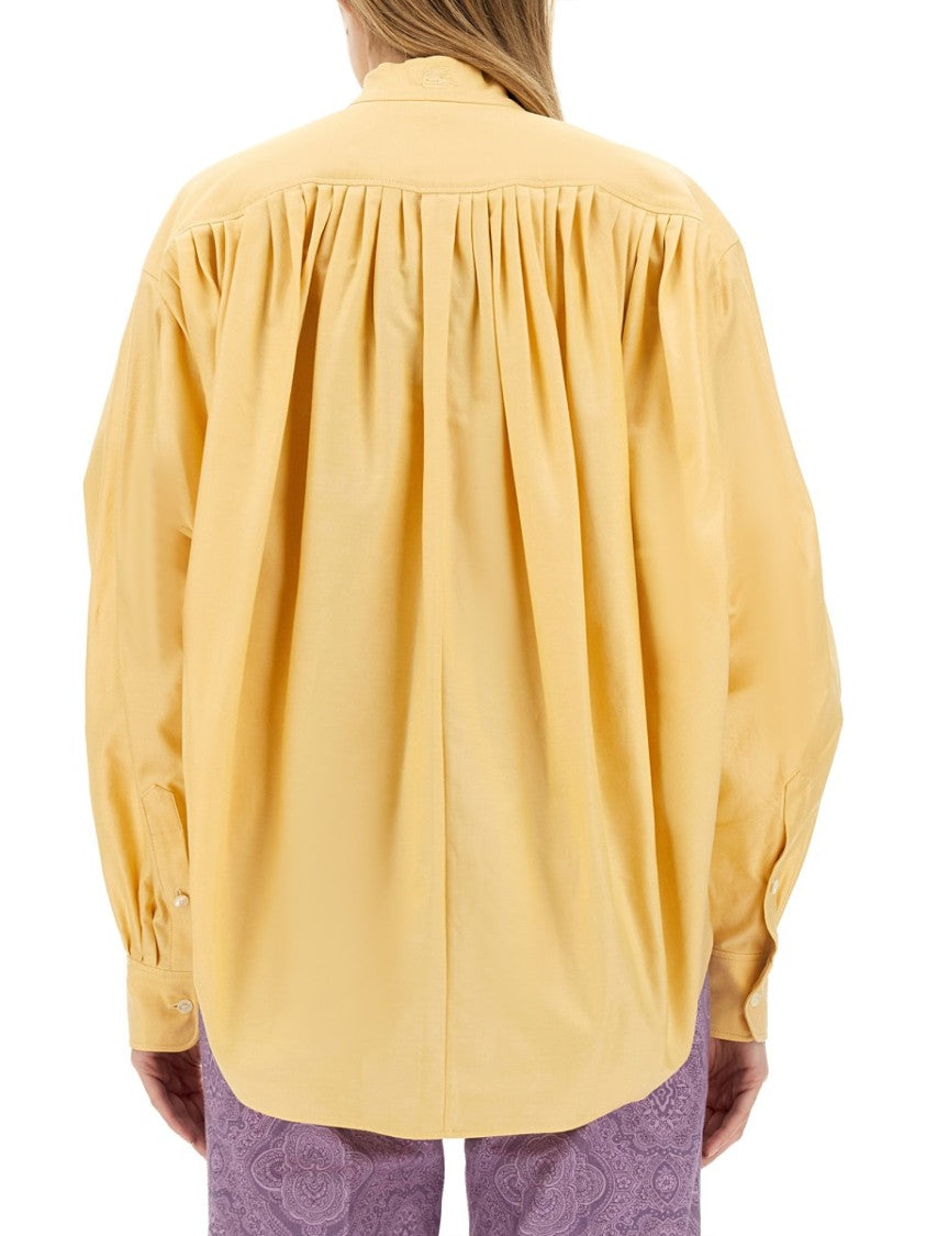 Pleated High Collar Cotton Poplin Blouse