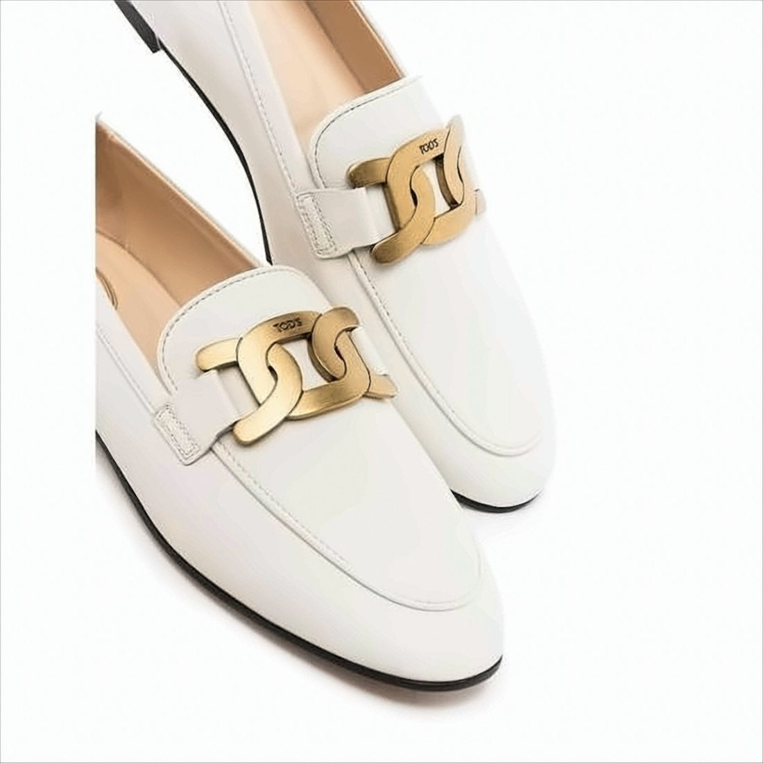 Sleek White Leather Loafers with Gold-tone Chain Detail