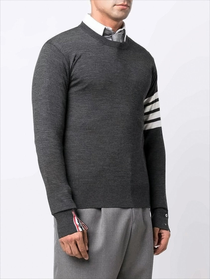 Dark Grey Merino Wool Sweater with Striped Detail