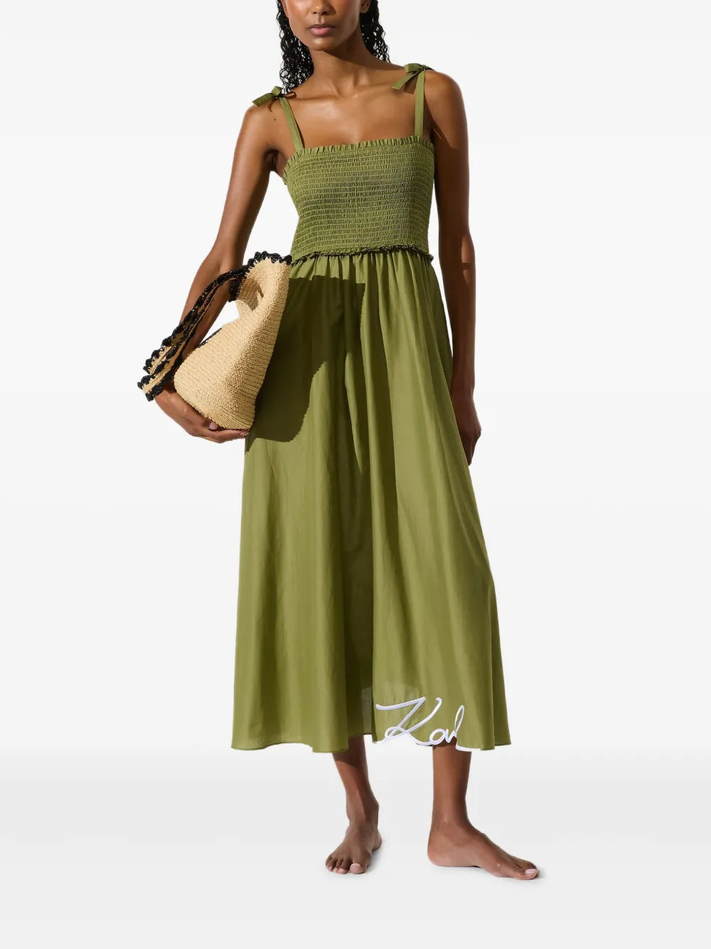 Midi Dress with Smocked Bodice and Square Neckline