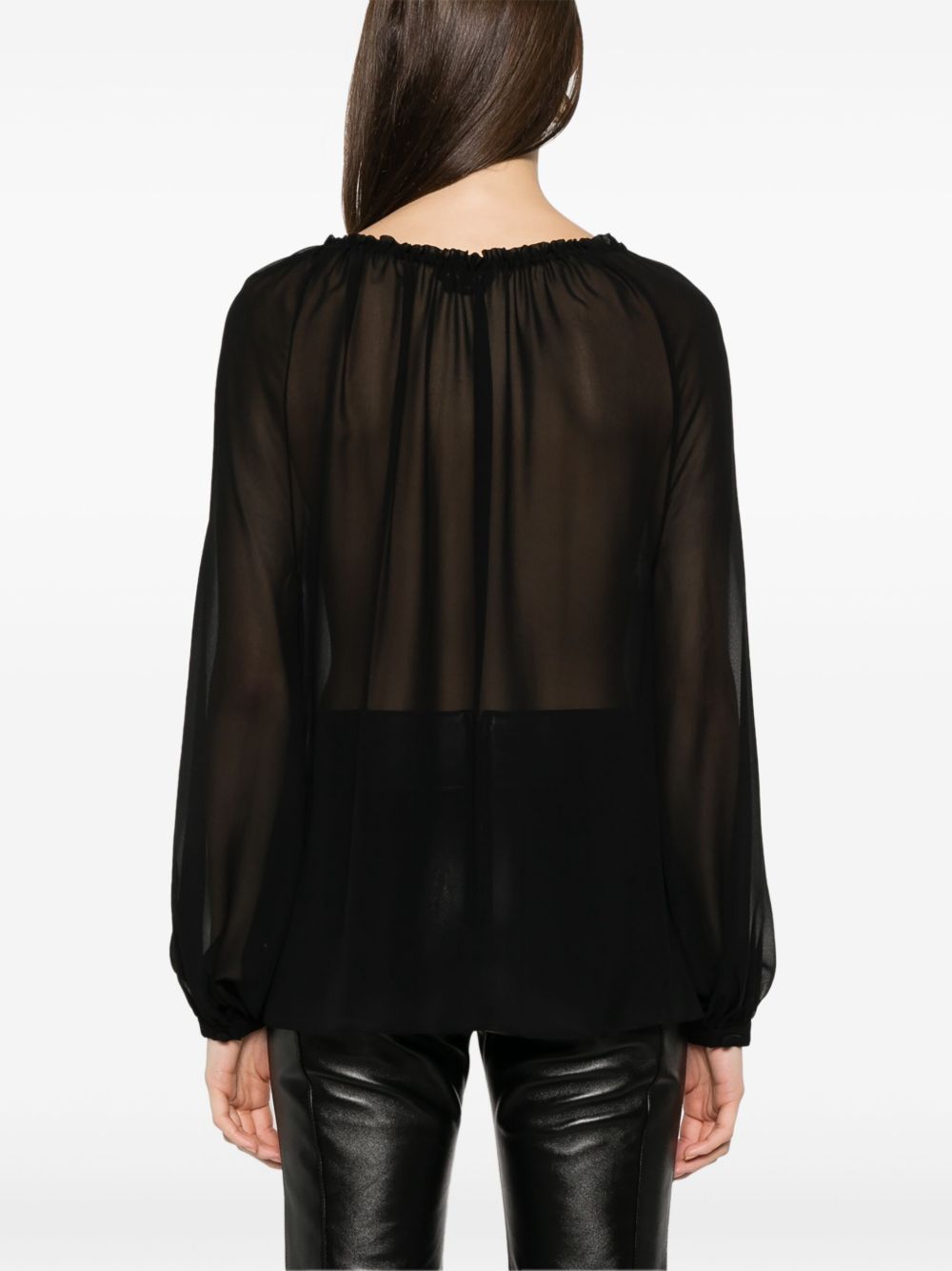 Silk Blouse With Gathered Neckline And Tasseled Lavallière