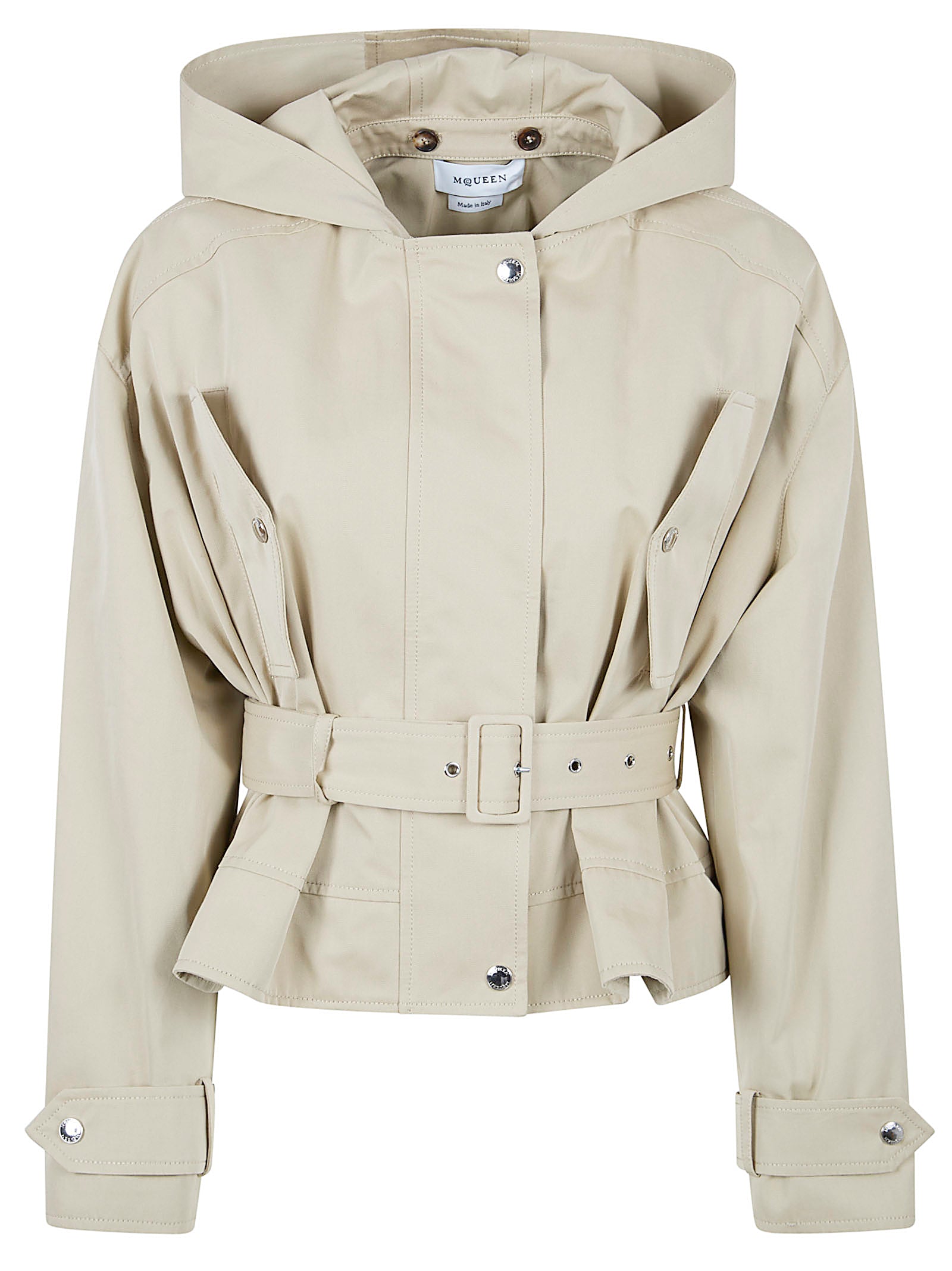 Short Ruffled Jacket in Light Beige Cotton Gabardine