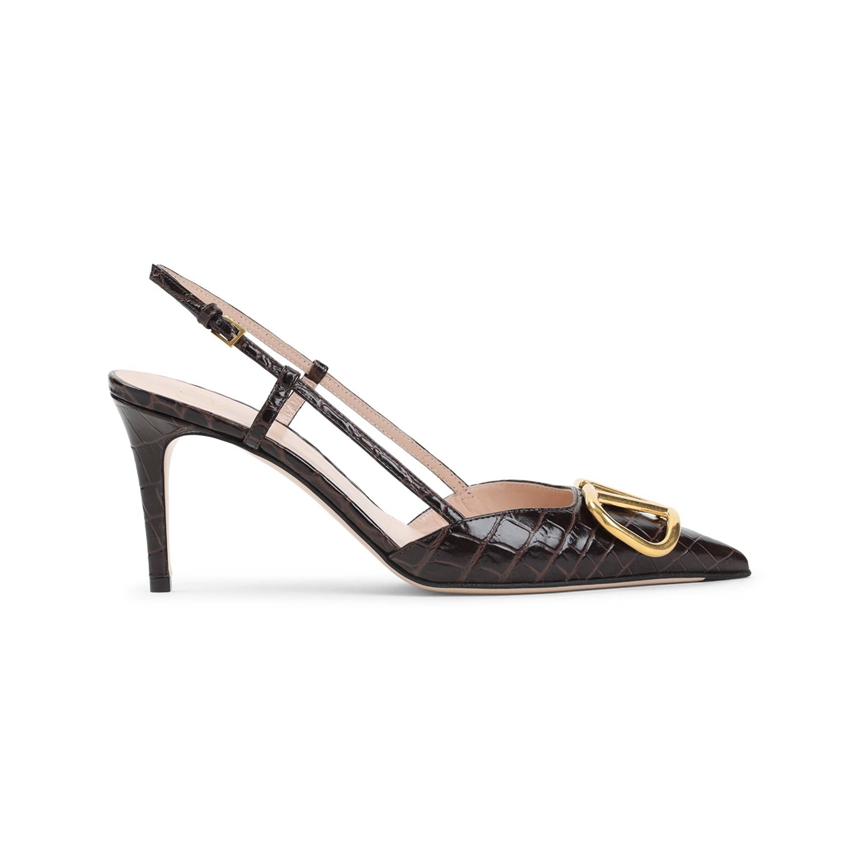 Pointed Toe Slingback Pumps With Crocodile Pattern And Gold-Tone Logo Buckle