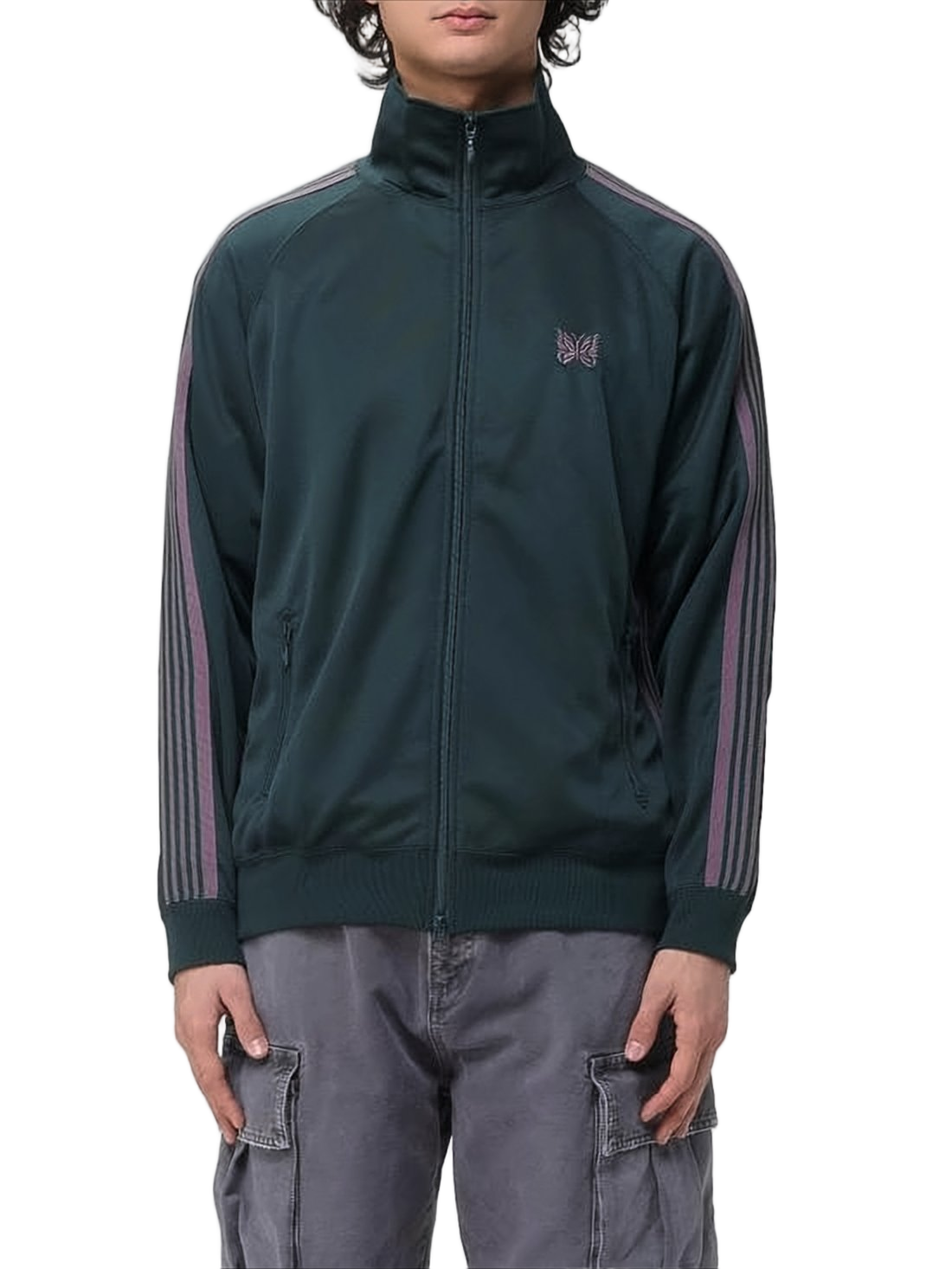 Green Polyester Track Jacket with Striped Detailing