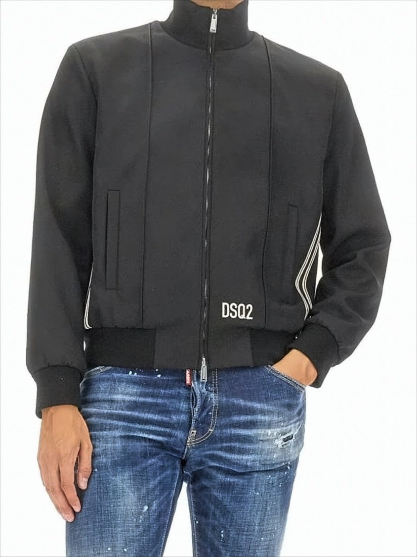 Black Jacket with High Collar and Subtle Stripe Detail
