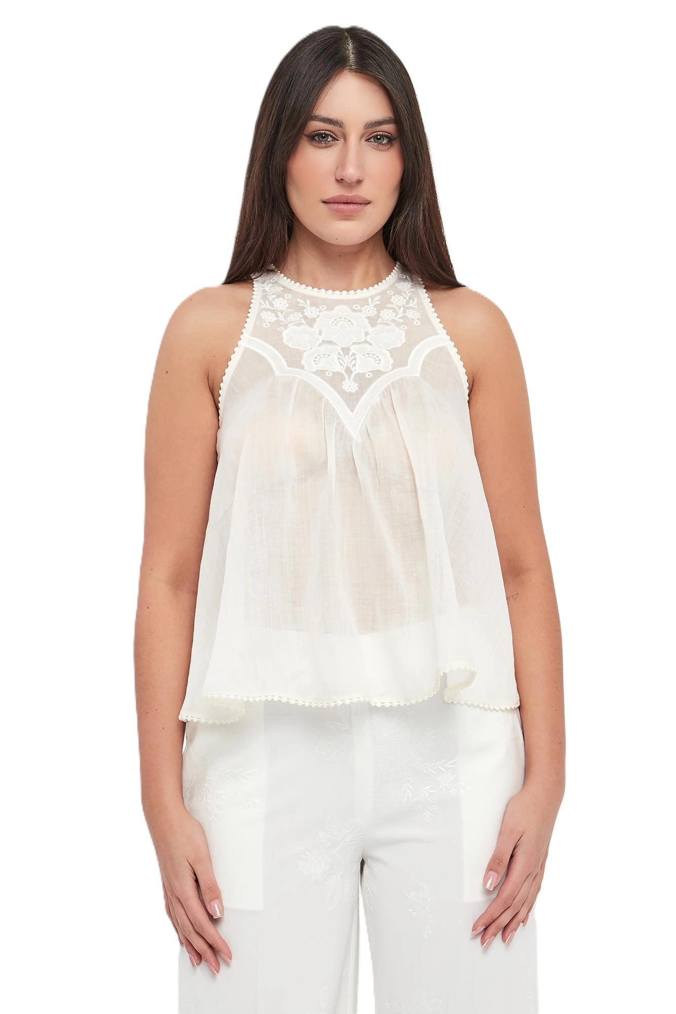 Sleeveless Flowing Top with Floral Lace Detailing