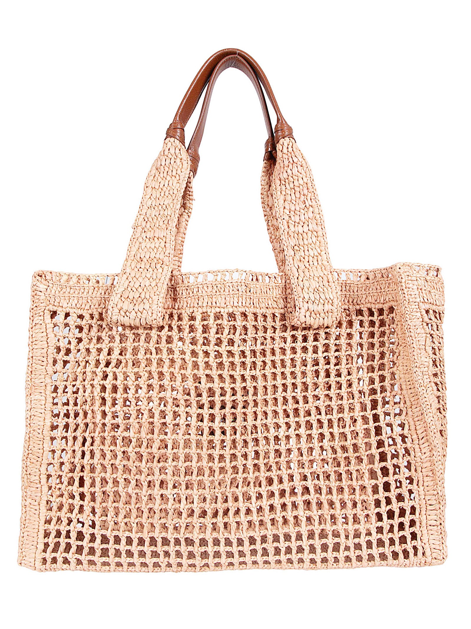 Grid-Pattern Raffia Tote Bag with Leather Accents