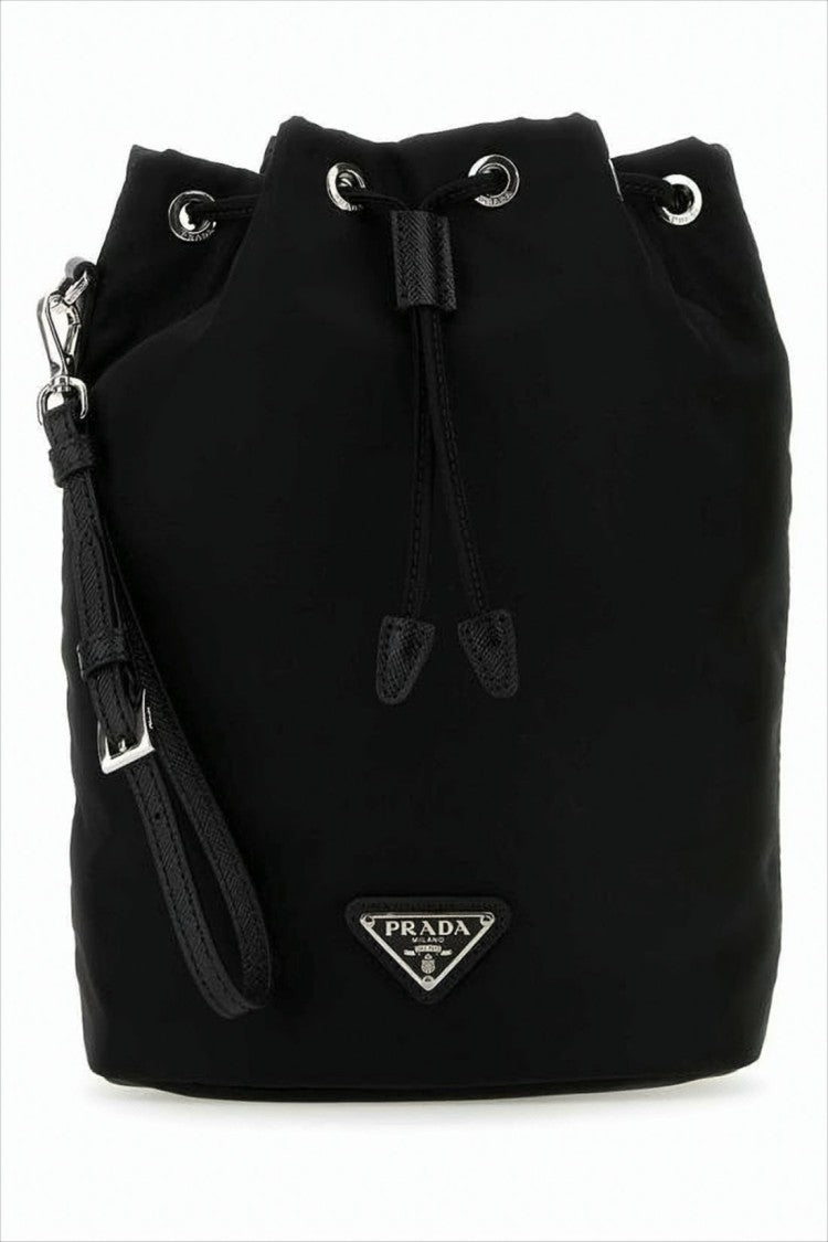 Smooth Nylon and Leather Clutch with Drawstring Closure